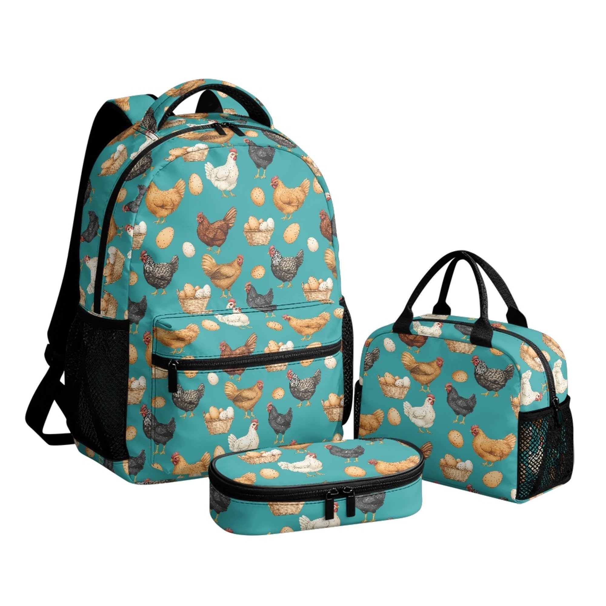 Amzbeauty Schulranzen für Jungen und Mädchen, 3-teiliges Rucksack-Set, große Kapazität, Büchertasche mit Lunchtasche, Federmäppchen für Grundschule, Eier-Huhn, Casual