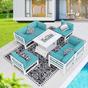 BULEXYARD 6 Person Modern Aluminum Outdoor Patio Furniture Set with Fireplace, 29 inch Wide Deep Seating, Water Resistant L-Shaped Sectional Couch, Large Conversation Set for Backyard Terrace, Teal