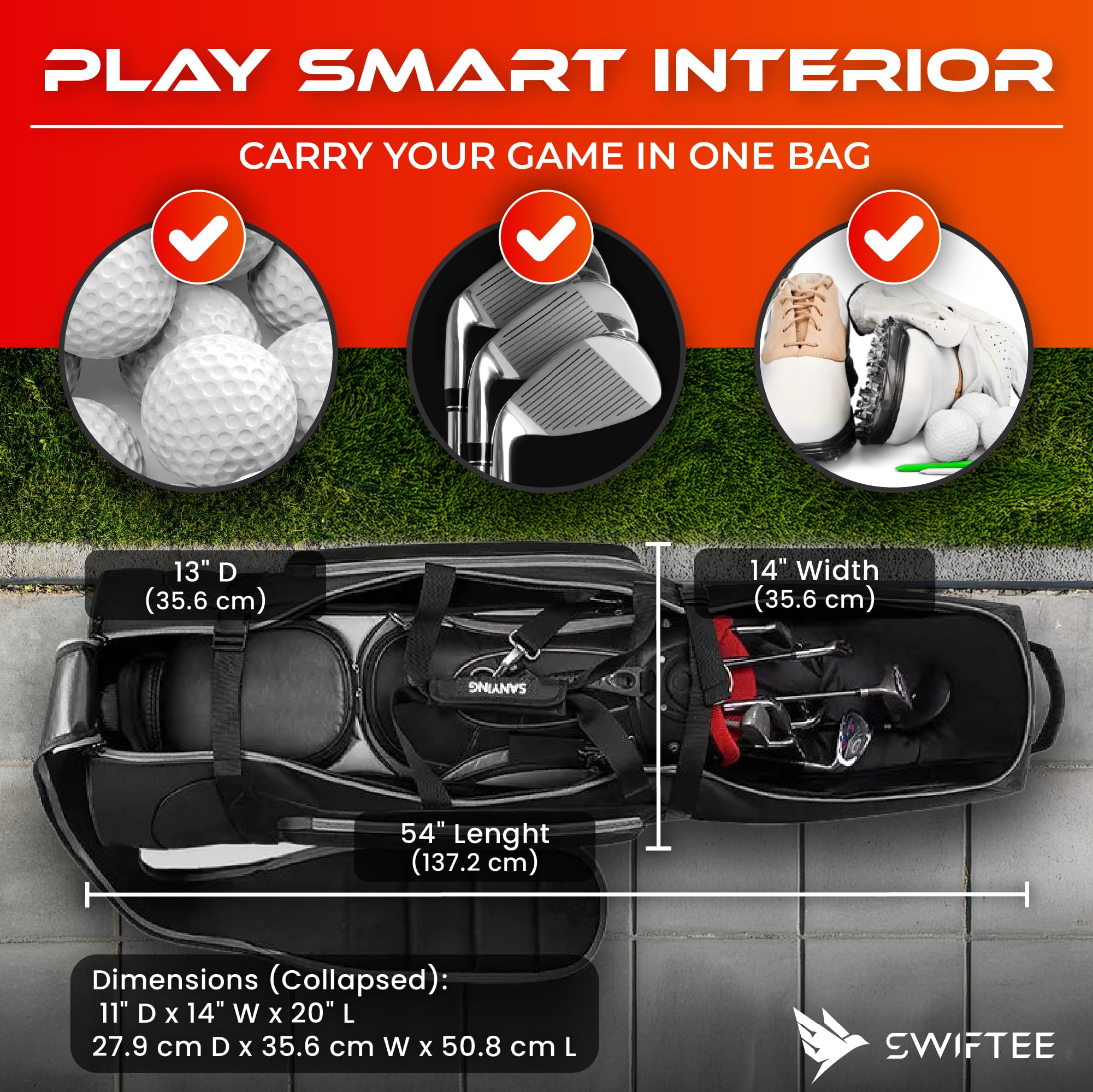 SWIFTEE Borsa da golf da viaggio di alta qualità con custodia rigida Swiftee Top & TSA Lock - Tessuto Oxford 1680D, ruote oversize, trasportino aereo leggero per la massima protezione del club