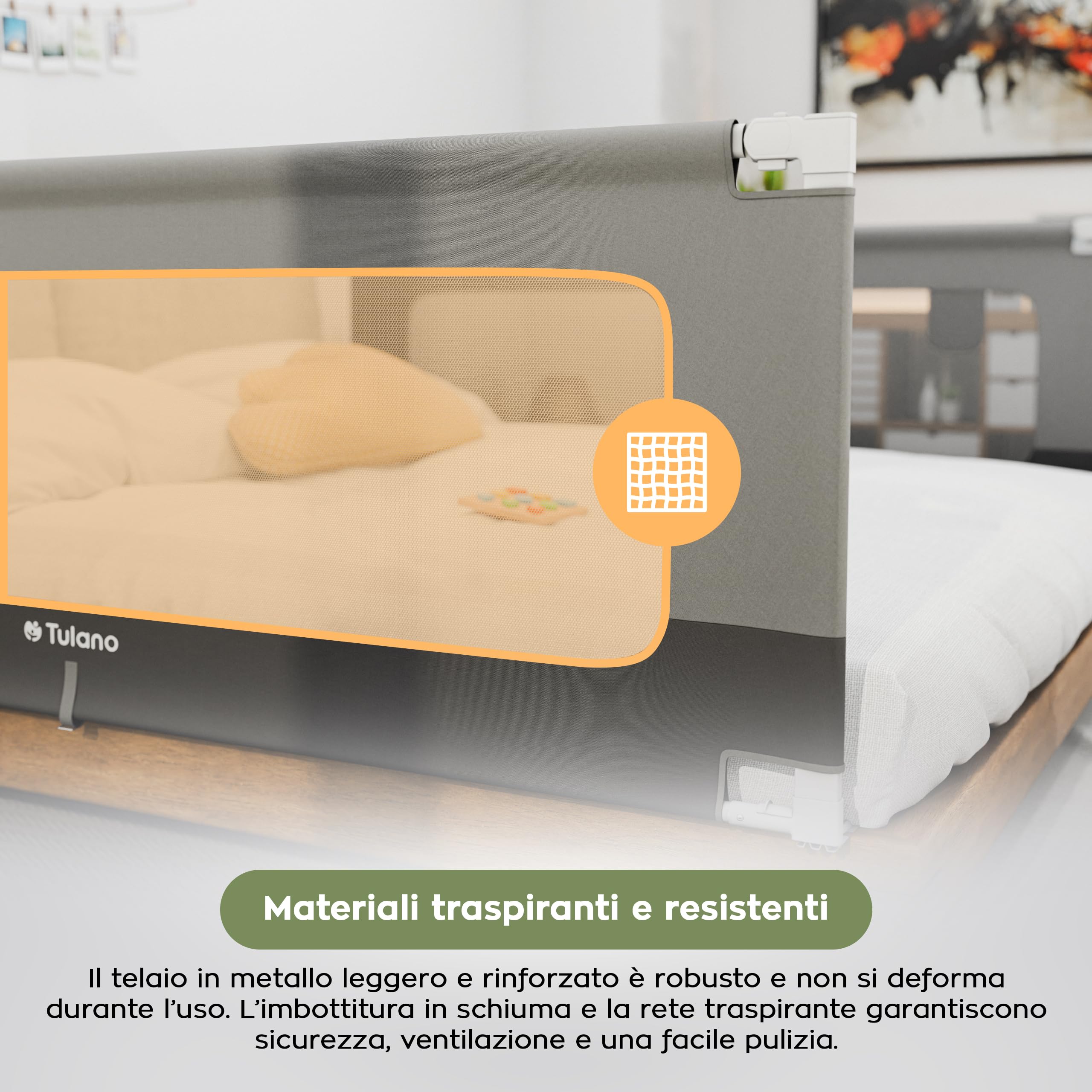 TULANO Cover 46 Barriera di sicurezza letto 160x70 cm – 18 livelli regolazione altezza – per materassi 10-28 cm – tessuto traspirante – angoli arrotondati – facile montaggio – grigio