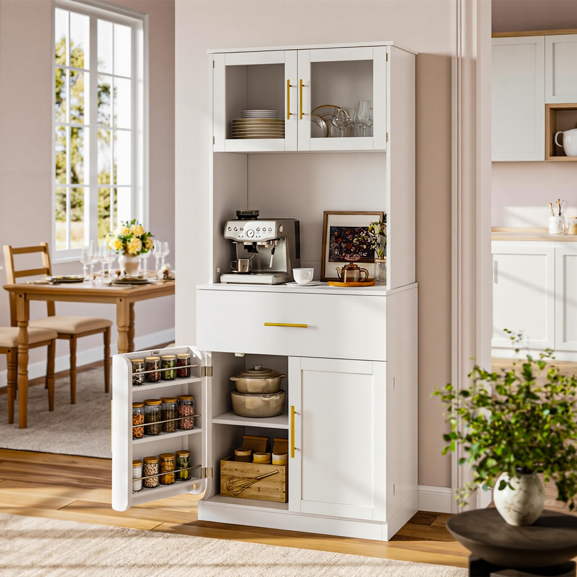 YITAHOME Küchenschrank Hochschrank, 180 cm Vorratsschrank mit Glastüren, Schublade, Seitlichen Türregalen, Verstellbaren Einlegeböden, Buffetschrank Mehrzweckschrank, Weiß