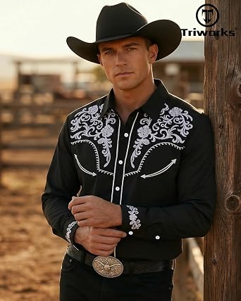TRIWORKS Cowboy Shirts for Men Embroidered Western Shirts Long Sleeve Slim Fit Button Down Shirt Casual Work Country Rodeo Outfit