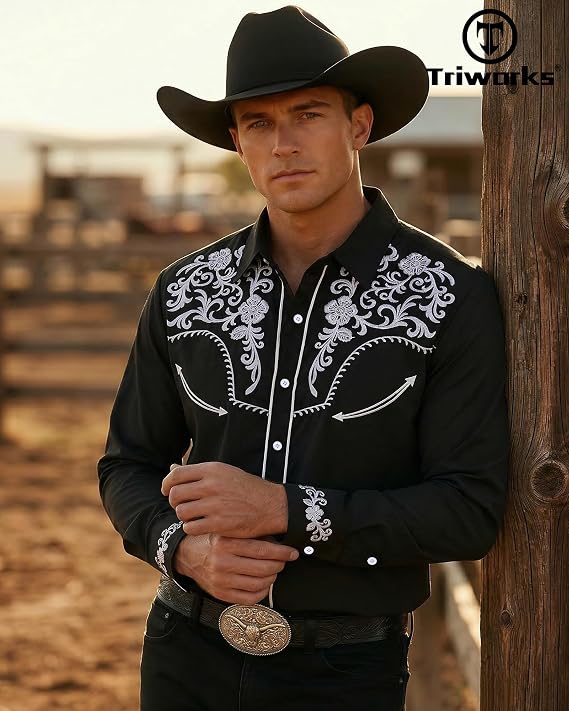 TRIWORKS Cowboy Shirts for Men Embroidered Western Shirts Long Sleeve Slim Fit Button Down Shirt Casual Work Country Rodeo Outfit