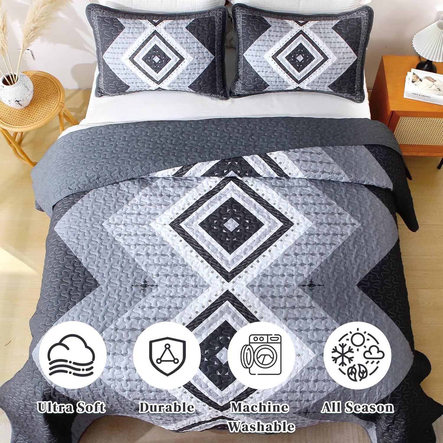 Boho Quilt Set Queen Size, Aztec Texture Coverlet Black Bedspread Bohemian Bed Cover, Western Coverlet Microfiber Soft Lightweight Bedding Sets for All Seasons (96"×90")