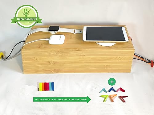Miniatura 2 de Caja organizadora de cables de bambú, caja protectora contra sobretensiones, tapa magnética, cubierta de caja de almacenamiento, regleta de