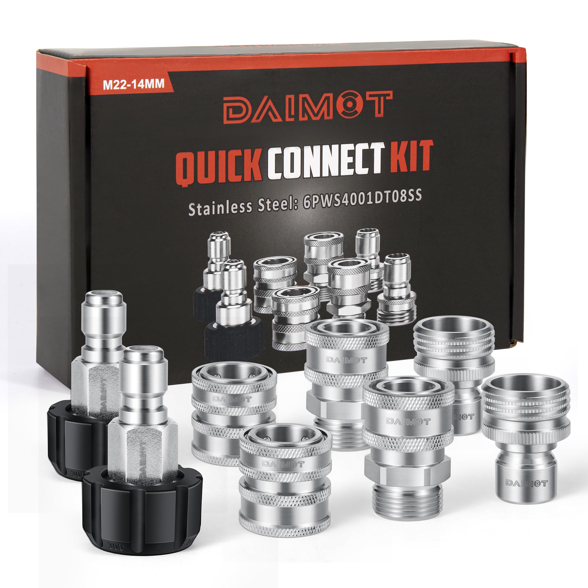Premium Pressure Washer Quick Connect Kit, M22 Swivel to 3/8'' Quick Connect, 3/4'' to Quick Release, M22 14mm Quick Connect Pressure Washer Fittings Adapter Set for Patio Cleaning(Stainless Steel)