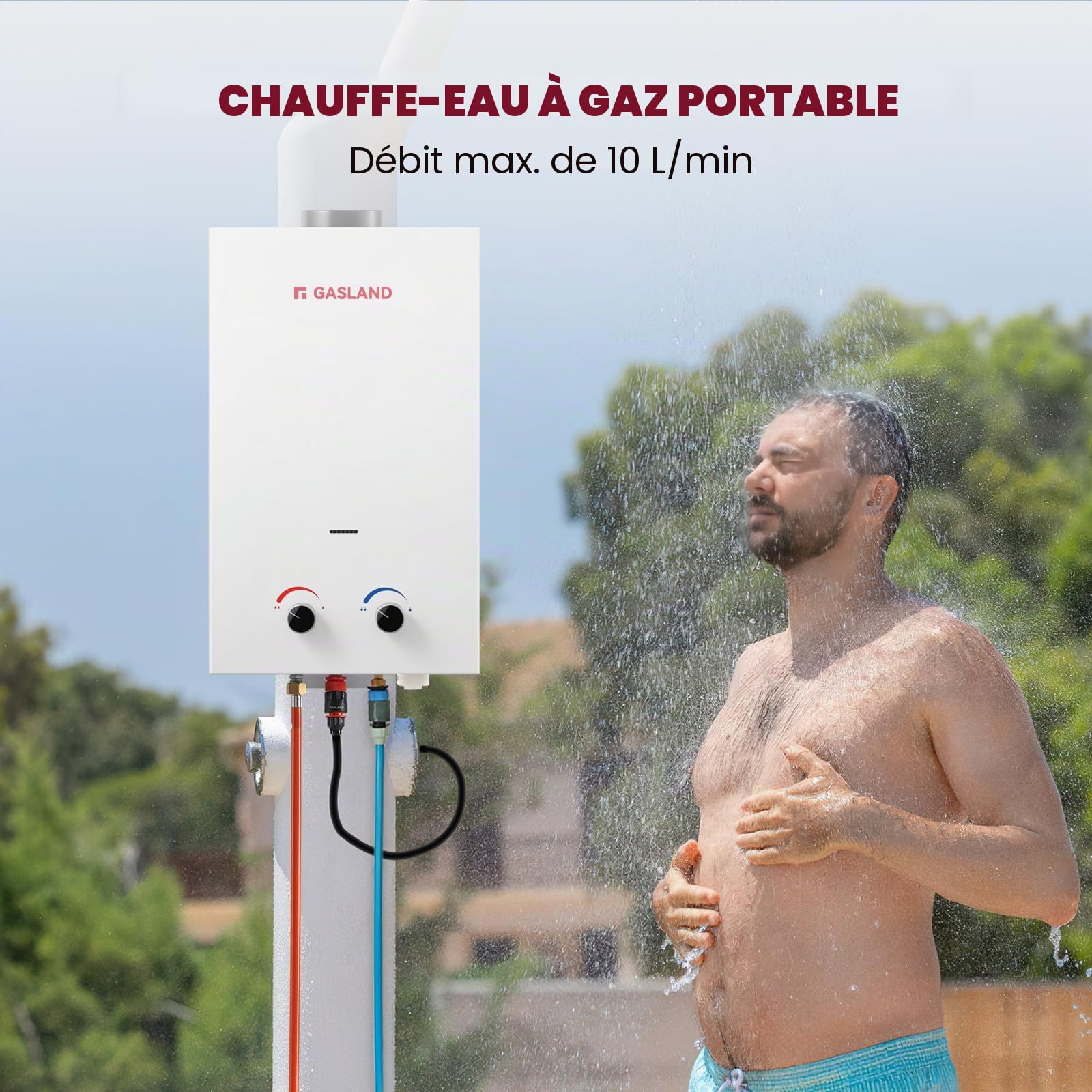 GASLAND BS264 Chauffe-eau à gaz de 10 L,propane(37mbar)/butane(28-30mbar),chaudière instantanée à GPL avec poignée pour camping-car, camping, douche, lavage de cheval