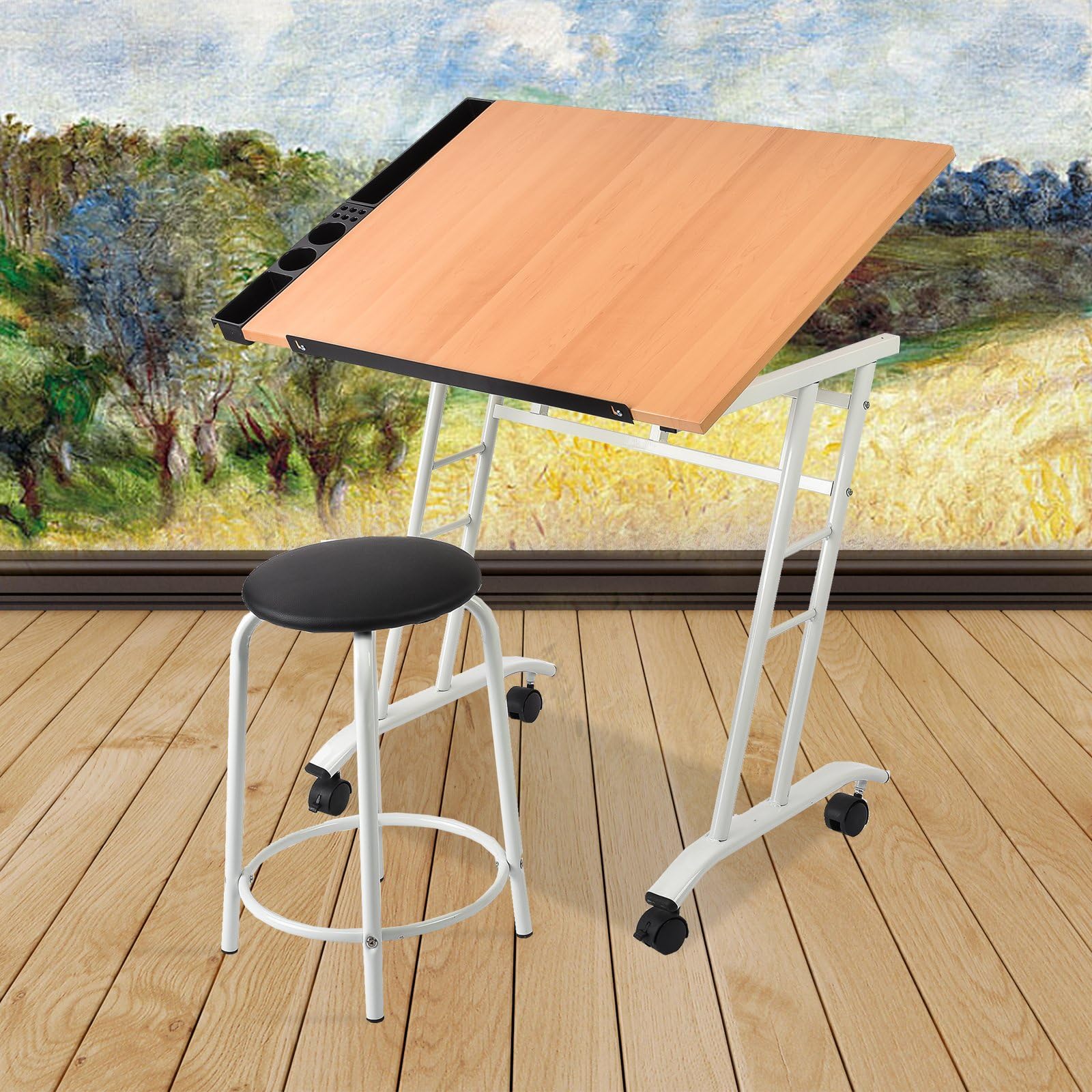Grehge ting Table Drawing Desk Art Craft Station with Stool in White Finish and Wheel Casters