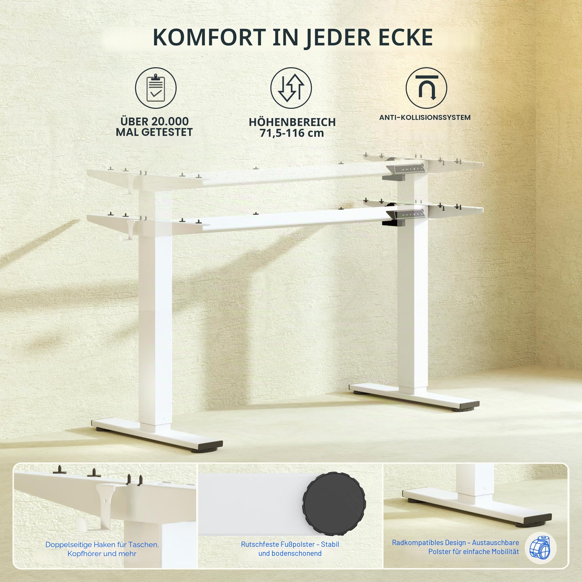 FlexiSpot Höhenverstellbarer Schreibtisch Gestell mit 2 Haken und Höhenmemory-Funktion & LED-Höhenanzeige, Elektrisch höhenverstellbare Tischbeine (Weiß)