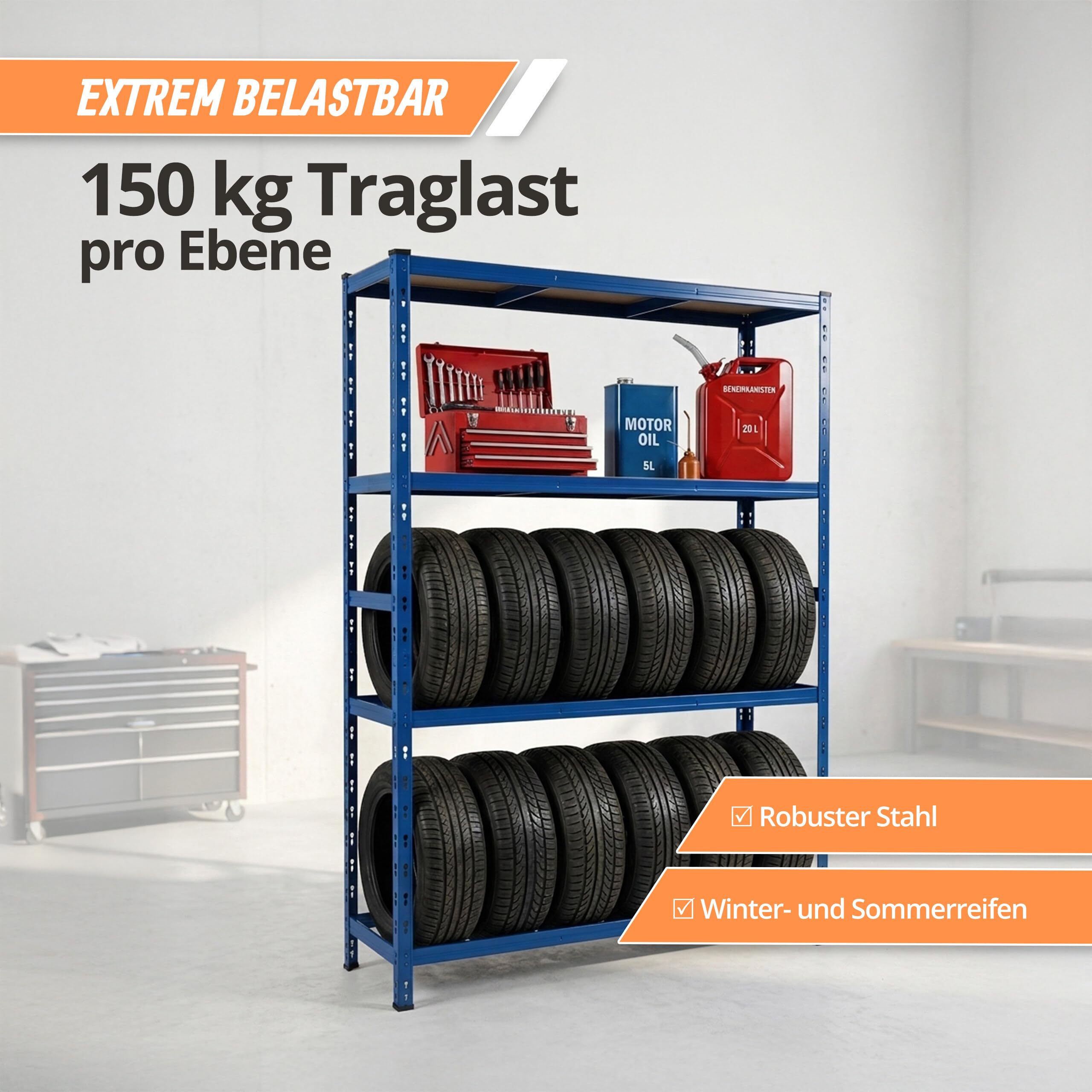 Relaxdays Reifenregal für 12 Reifen, HxBxT 180 x 120 x 40 cm, 600 kg, Stahl, Stecksystem, Reifenlager Werkstatt, blau