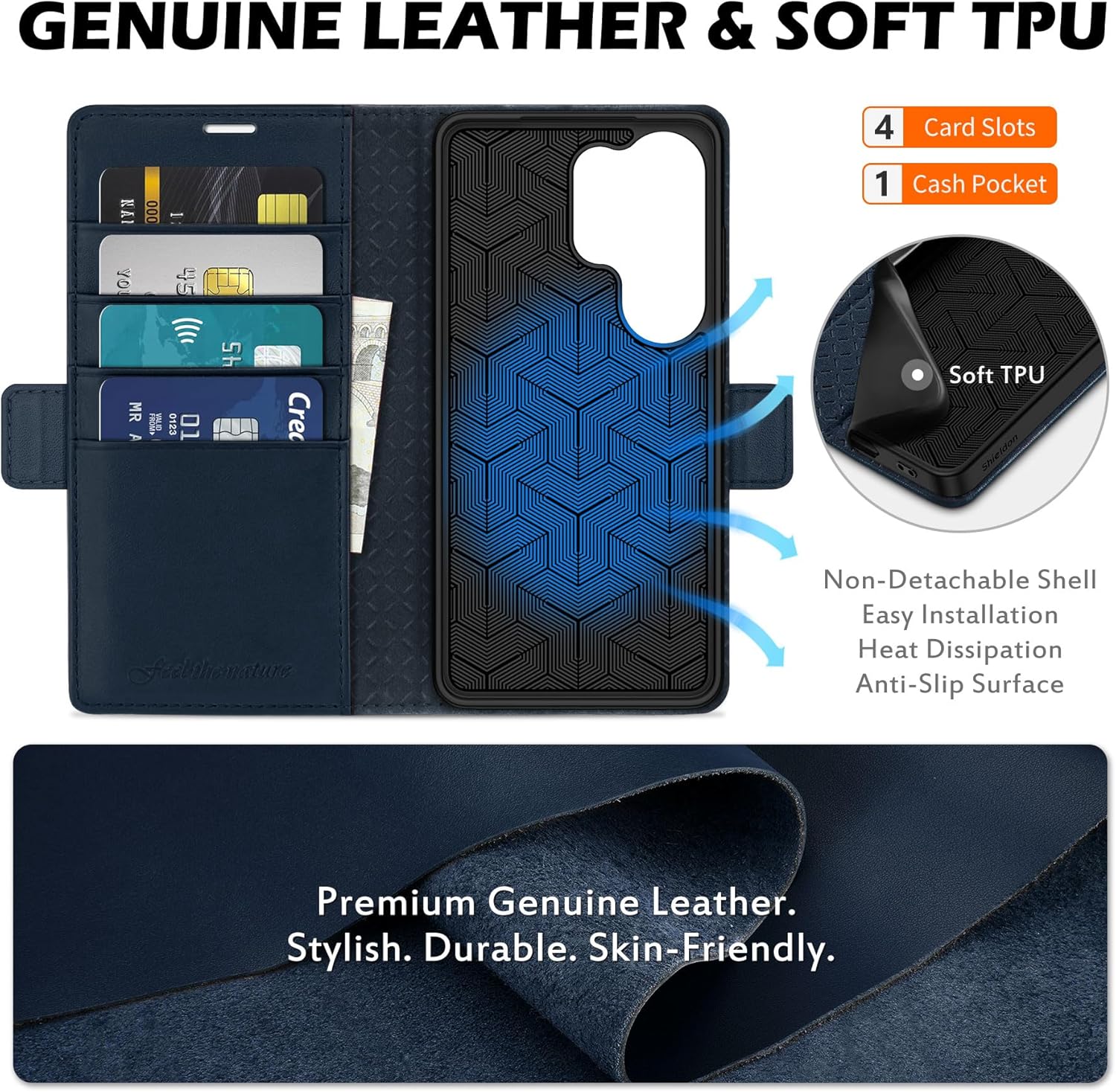 SHIELDON Case Wallet for Galaxy S26 Ultra 6.9", Genuine Leather, RFID Blocking Credit Card Holder, Kickstand, Shock Absorbing Protective Cover Compatible with Galaxy S26 Ultra 2026 - Navy Blue