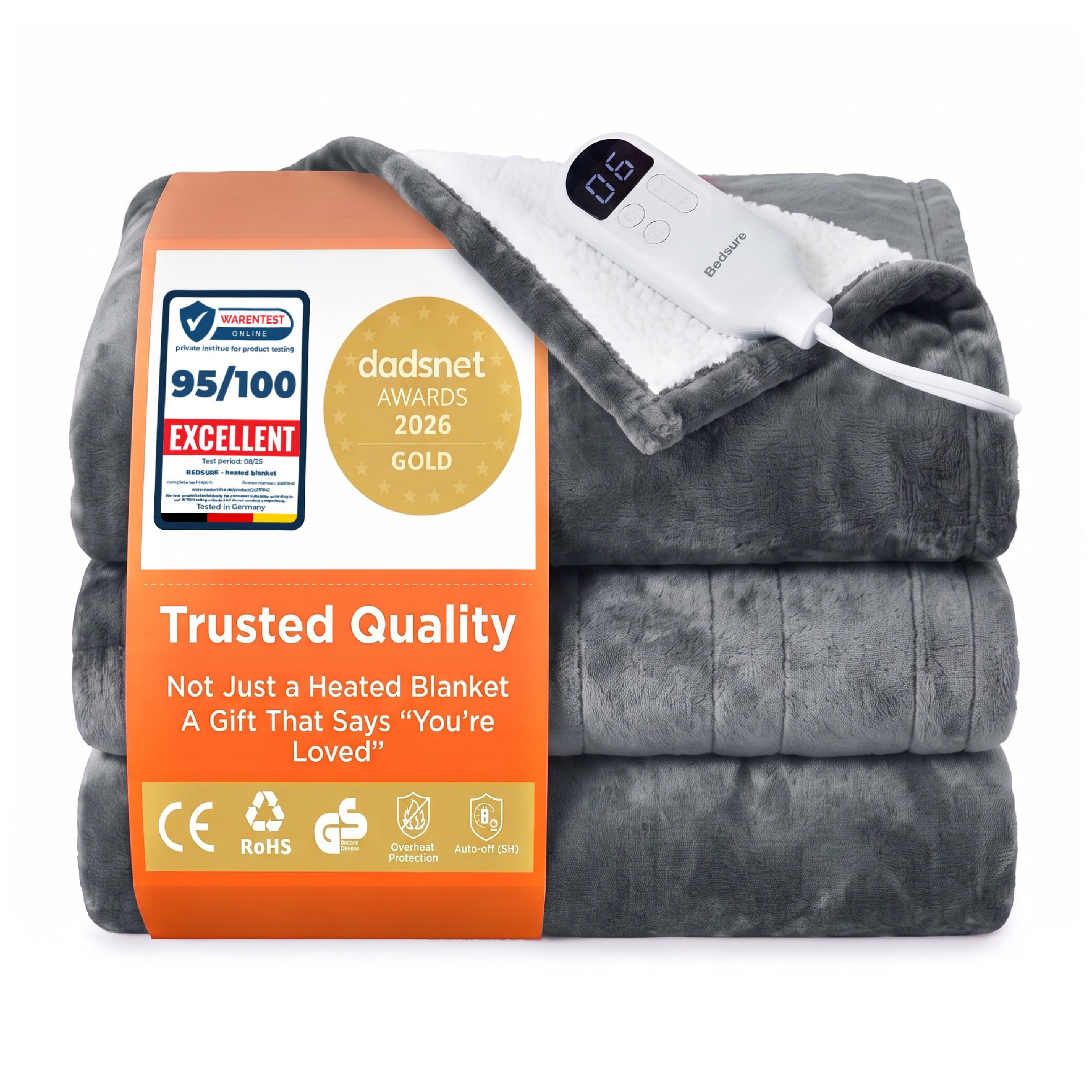Bedsure Electric Blanket Heated Throw - Flannel, 180x200cm, Grey