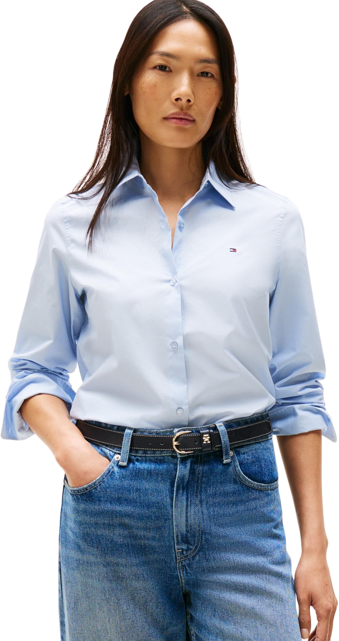 Tommy Hilfiger Women’s Regular Fit Poplin Shirt with Pointed Collar, Blue (Breezy Blue), 18