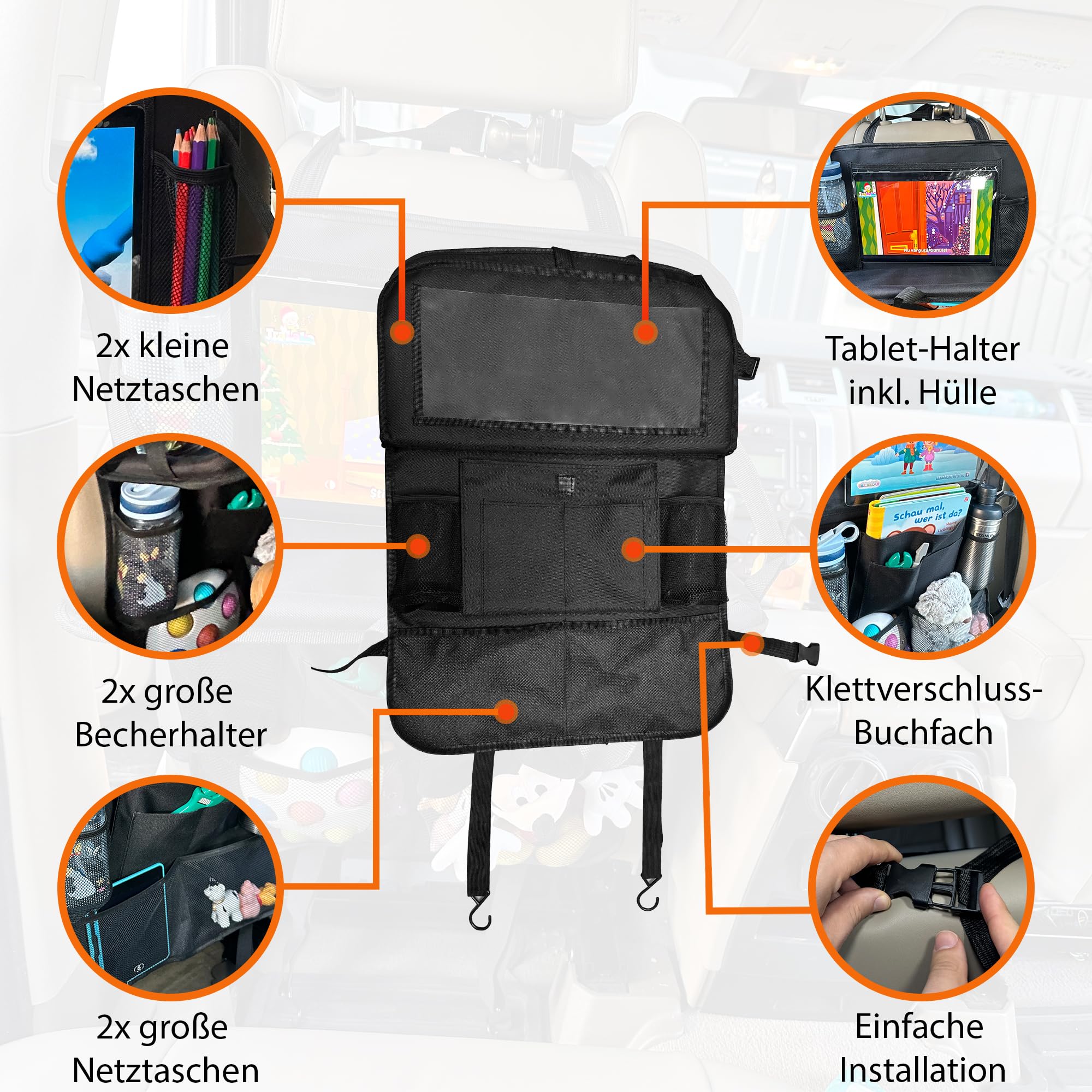 Lunaria Organizer per seggiolino auto [premium] organizer per bambini con supporto da tavolo e tablet, organizer per auto, protezione dello schienale, organizer per sedili posteriori dell'auto,