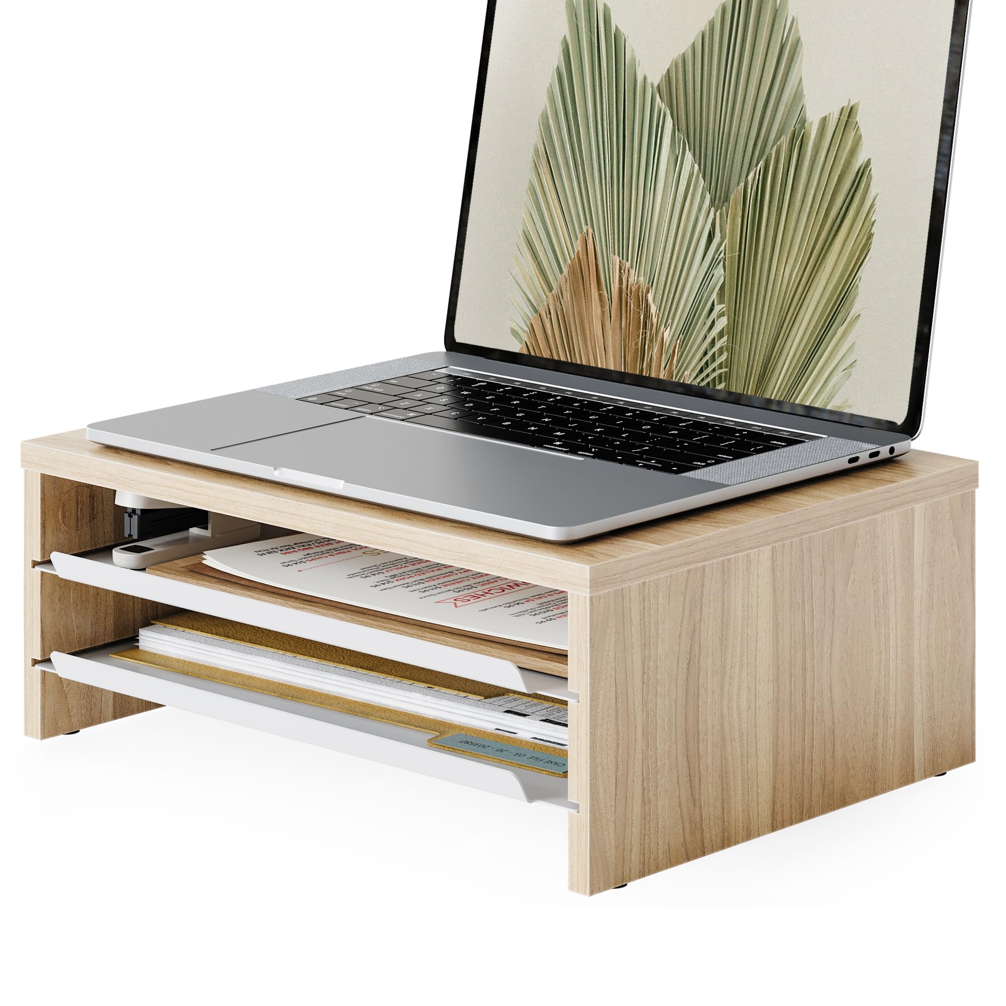 Fenge Supporto Monitor Scrivania, Rialzo per Monitor con 2 Vassoi, Legno e Metallo, Organizer da Scrivania per Casa e Ufficio, Computer, Laptop, Stampante, Telefono, TV, 36,4x23,5x13,4 cm (Rovere)