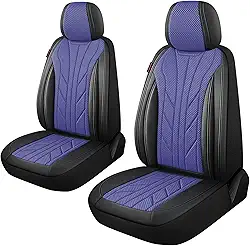 CAROMOP Capas de assento de carro de luxo de couro sintético e tecido 2 assentos dianteiros com suporte traseiro de espuma 3D respirável, capas de assento universais para carros, caminhões, SUVs