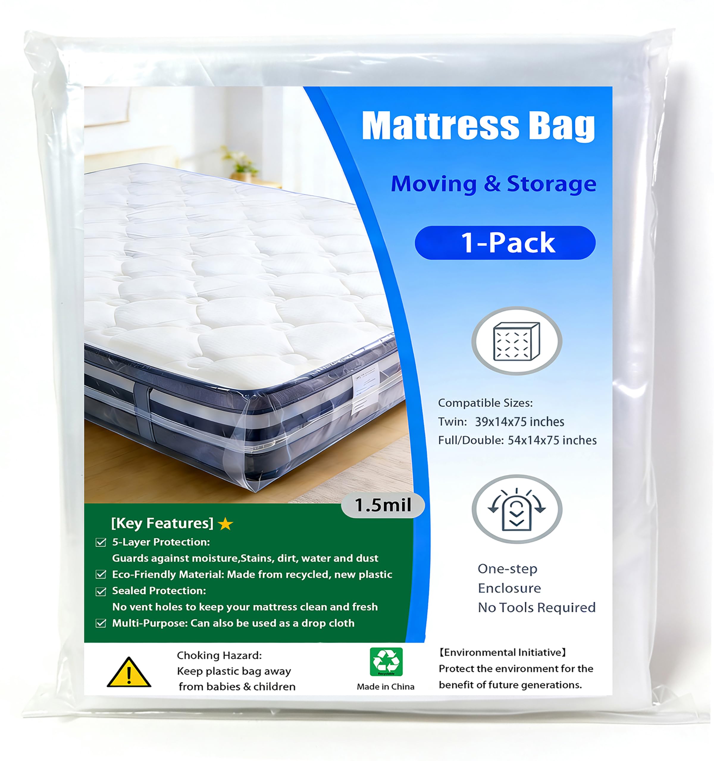 Mattress Bags for Moving & Storage & Disposal-for Queen/King portable Mattress Cover Moving Supplies Waterproof & Tear-Resistant & dustproof (Twin/Full-1PCS,1.5Mil)-image-33