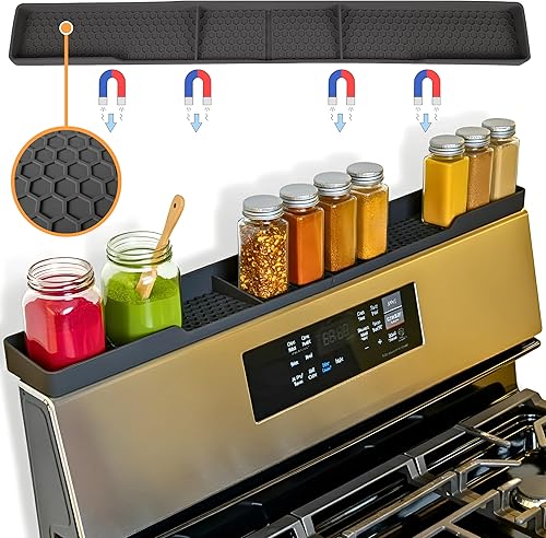 TEO Estante magnético de silicona para estufa, color negro, 30 x 3.5 x 1.25 pulgadas, resistente al calor, organizador de especias de cocina,