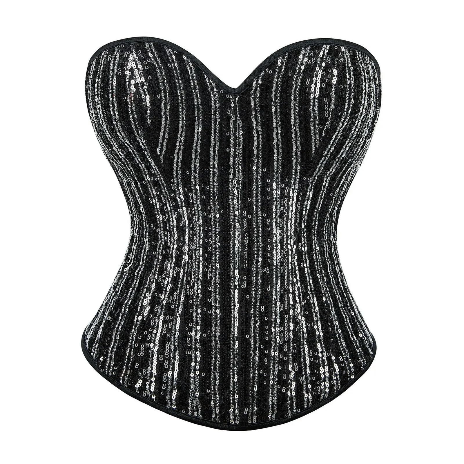 VCODWCSJO Sexy Off-Shoulder Overbust Corsets Women Shiny Black Sequins Corset Tops Zipper Bustier Shaper Lingerie-Black-XL