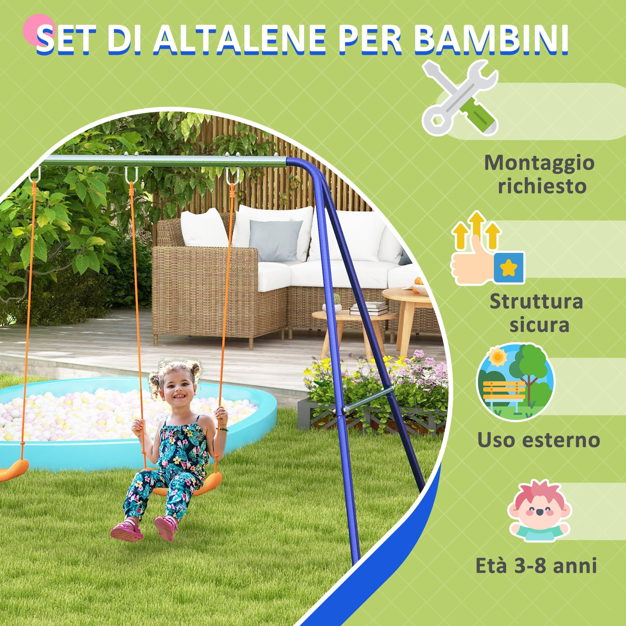 Outsunny Altalena per Bambini 3-8 Anni con 2 Seggiolini e 4 Picchetti, Altalena Doppia da Giardino in Metallo, 269x160x180 cm, Multicolore