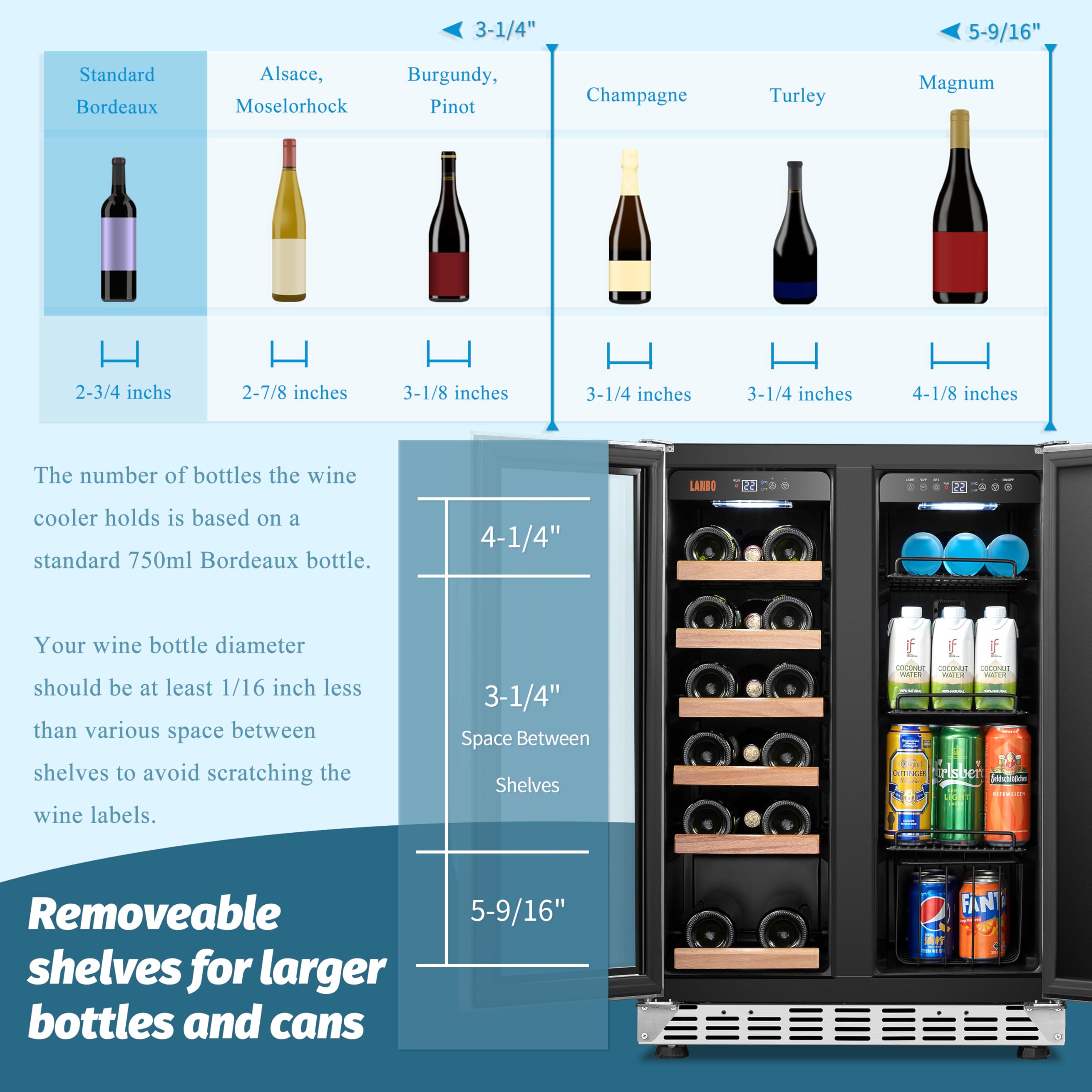 LANBO 24 Inch Dual Zone 18 Bottle Wine And 55 Can Beverage Cooler, Stainless Steel And Glass With French Door on Fridge.com - View 6