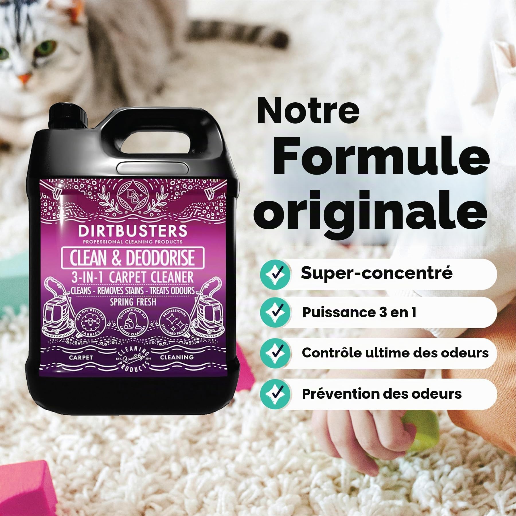 Dirtbusters Nettoyant Désodorisant Professionnel Concentré 3 en 1 pour Tapis Tissus - Neutraliseur d’Odeur, Parfum Printemps Frais, Shampooing des Moquette Machines Lavant par Extraction, 5L