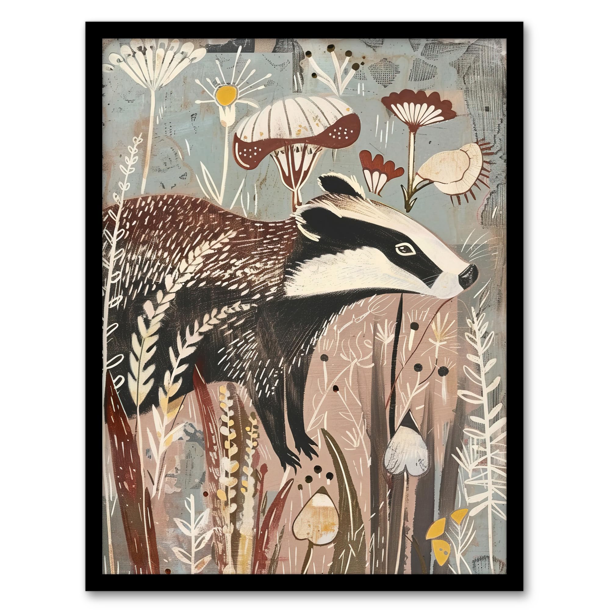 Artery8 Rustic Woodland Badger Artwork Forest Wildflowers Living Room Artwork Framed Wall Art Print A4