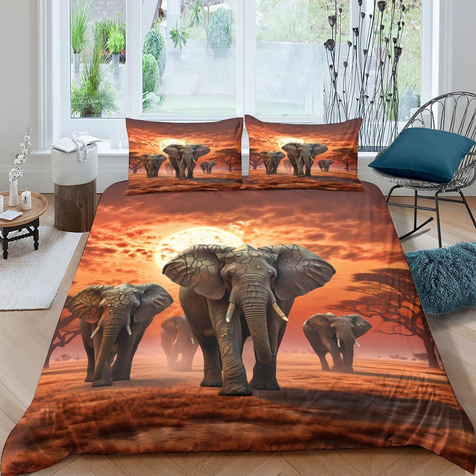 Ctjqhvkz Style-5 3D Printed African Elephant Fitted Sheet Microfiber Soft Orange Sunset Bed Cover For Bedroom Dorm Mattress Protection Decor Single（135X200cm）