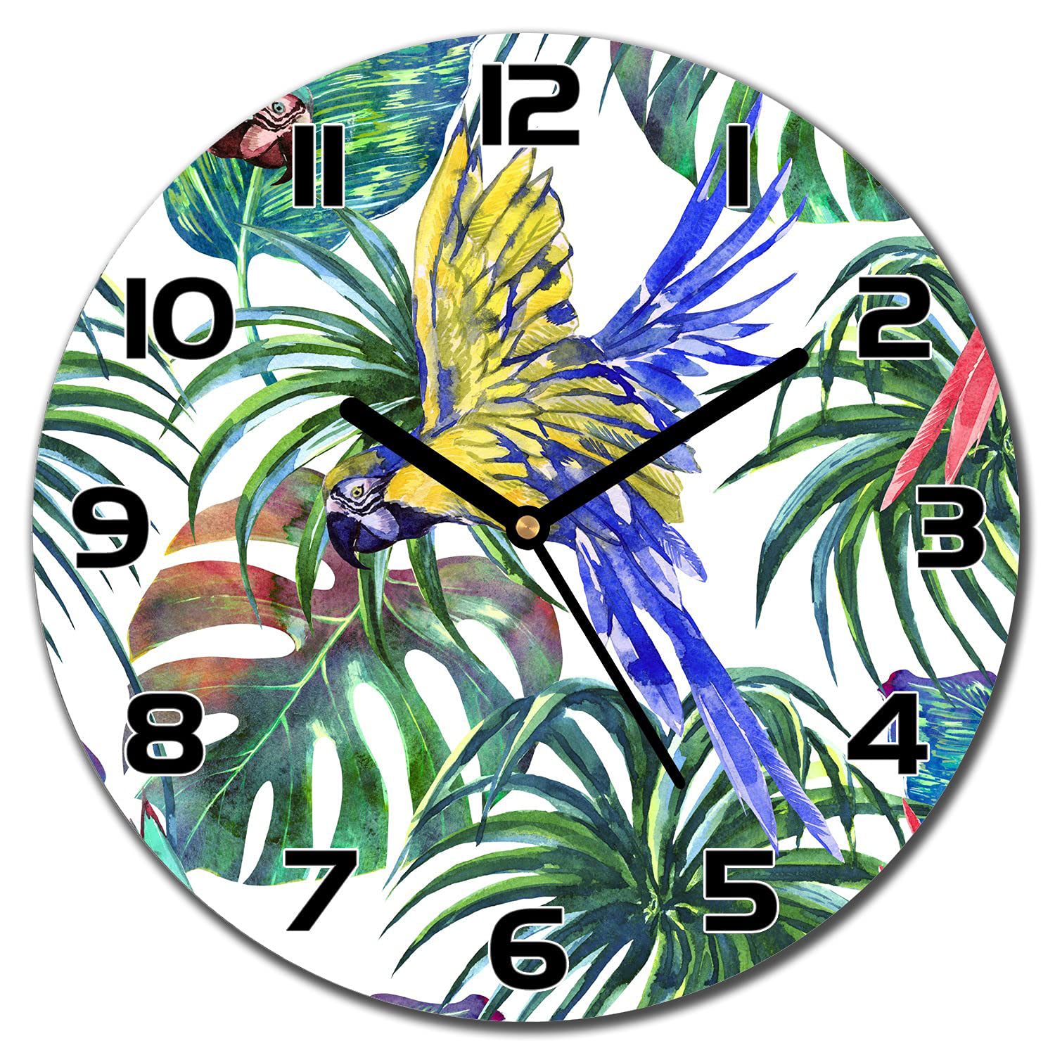 Horloge en verre 30 cm pour moderniser un mur vide de cuisine avec motif jungle