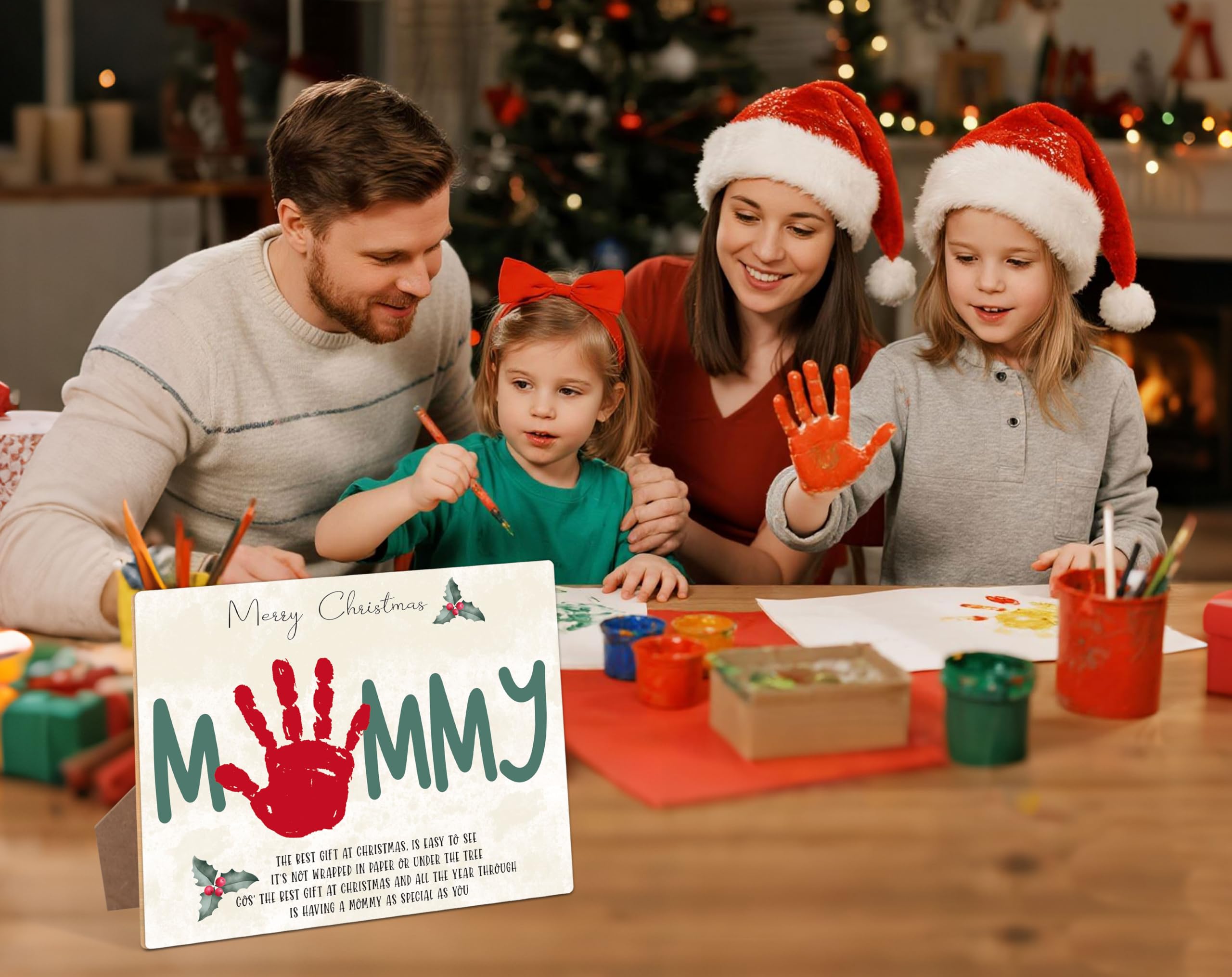 Baby First Christmas Handprint Making drewniany znak, pamiątkowy prezent dla mamy, 21,5 x 28 cm, Boże Narodzenie, rękodzieło, wiszący na zimę, wakacje, zajęcia rodzinne, prezenty świąteczne dla nowej