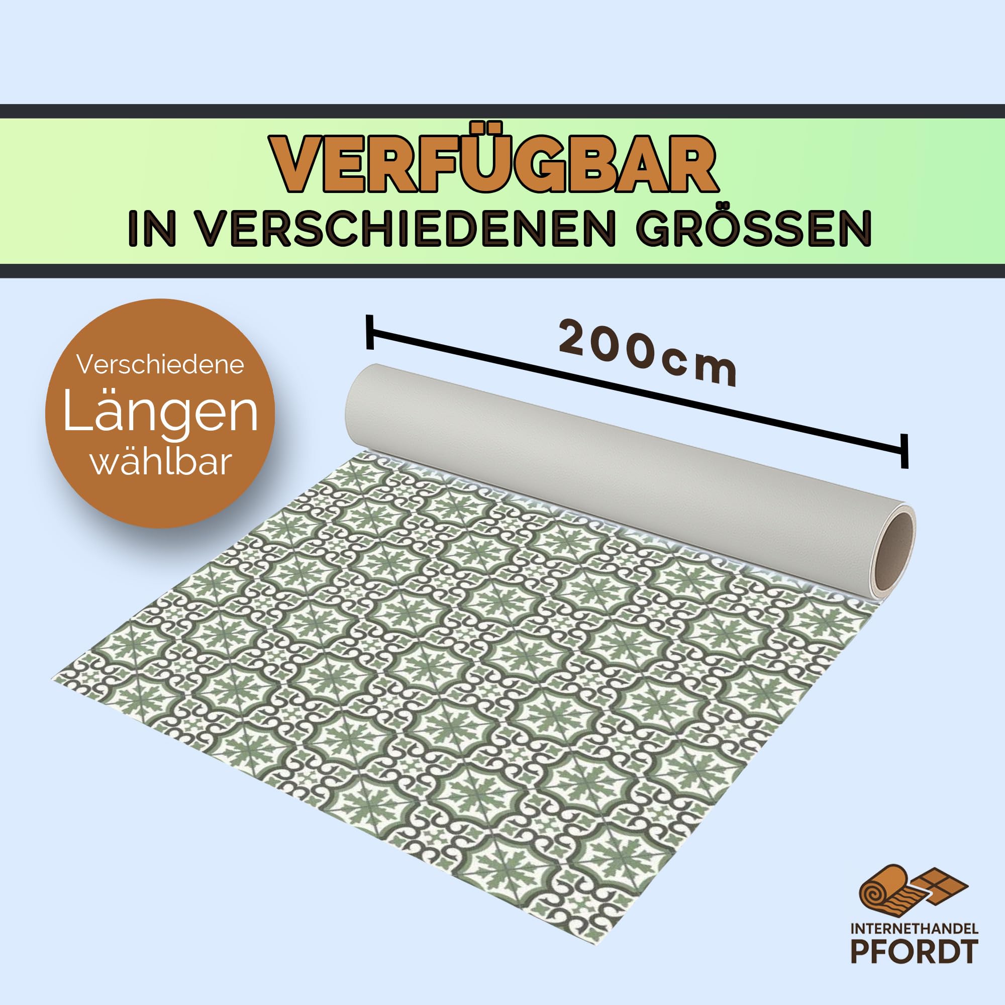 CV Bodenbelag Retro Fliese Grün, 500x200 cm, pflegeleichter PVC Vinylboden in Fliesenoptik, Meterware für Küche und Wohnzimmer