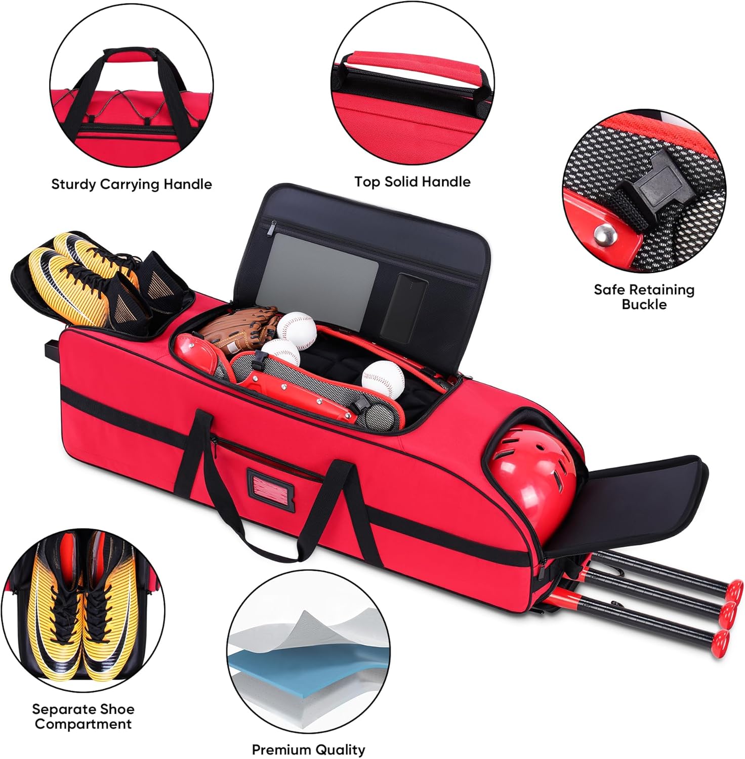 Large Rolling Catcher Gear Bag, Soft Baseball Bag With Wheels for 4 Bats, Multi-Pockets, Fence Hook, Holds All Softball Baseball Equipment