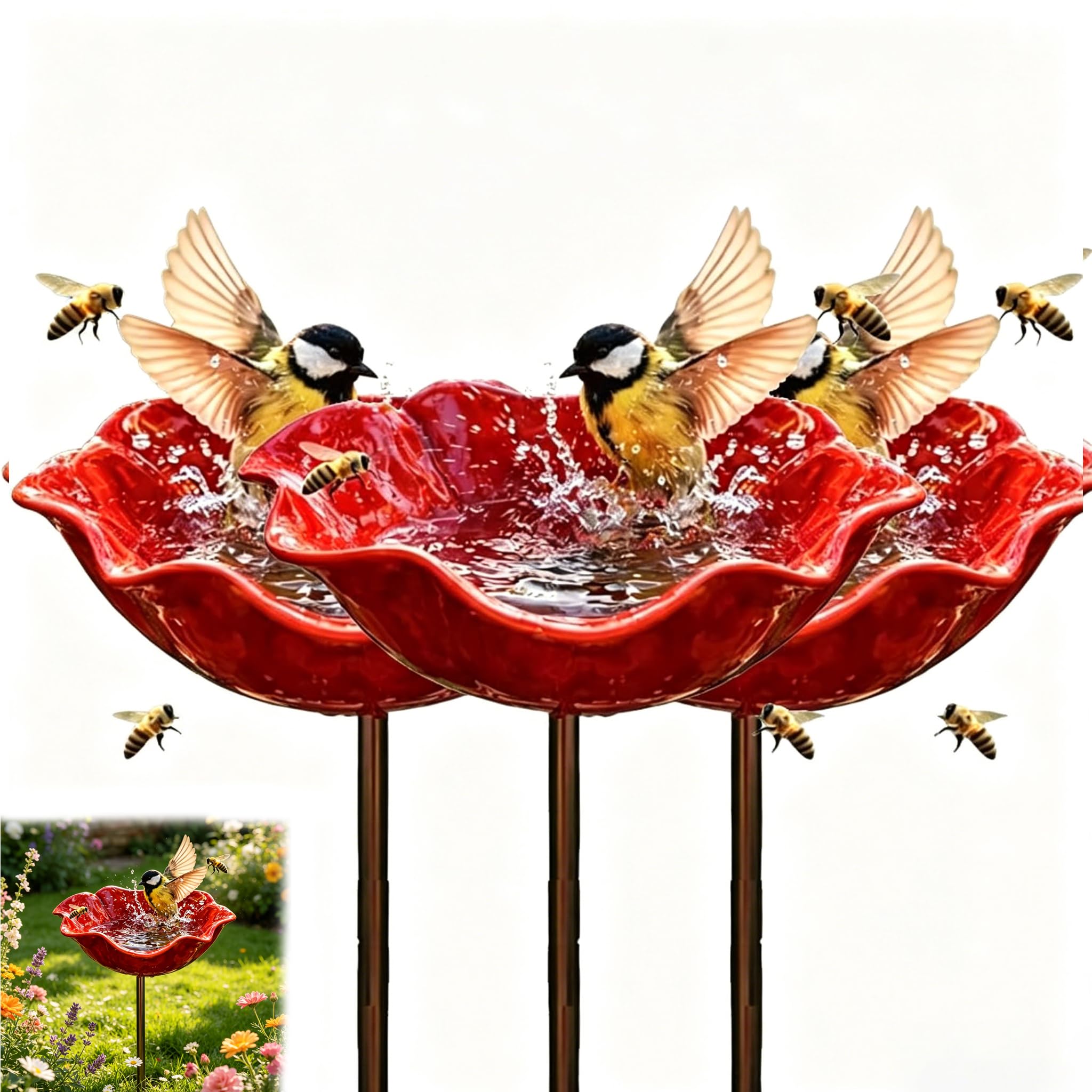 Handmade Metal Flower Garden Stake, Dual-Function Bird Bath & Bee Water Feeder with Colorful Flower Design, Outdoor Pollinator Water Station for Butterfly Bee, Yard Lawn Patio Decor (3PCS)