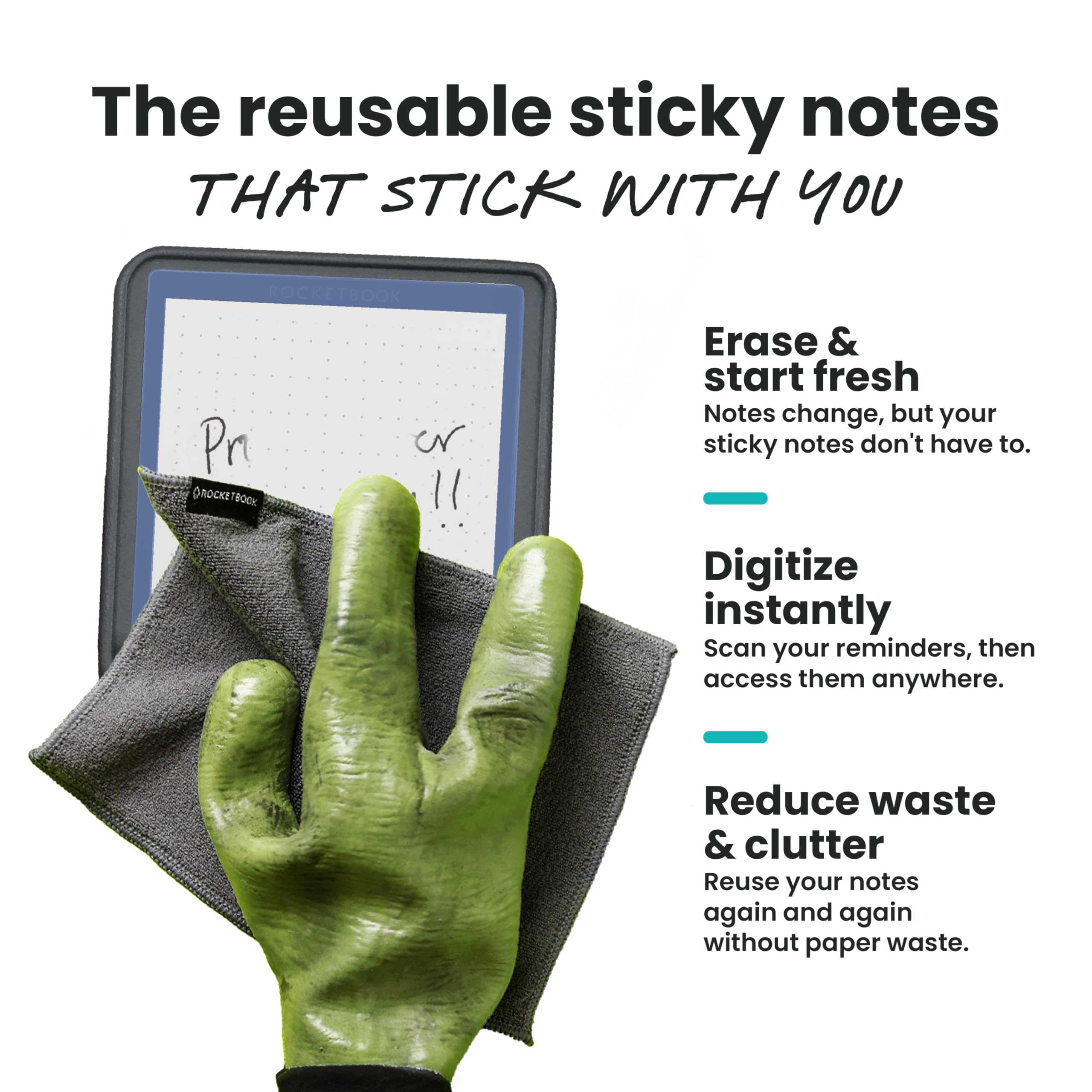 Rocketbook Foglietti adesivi riutilizzabili con custodia, penna e asciugamano inclusi, 7,6 x 7,6 cm, 31 fogli di carta punteggiata, collegati all'app, cancellabili, adesivi riutilizzabili, ideali per