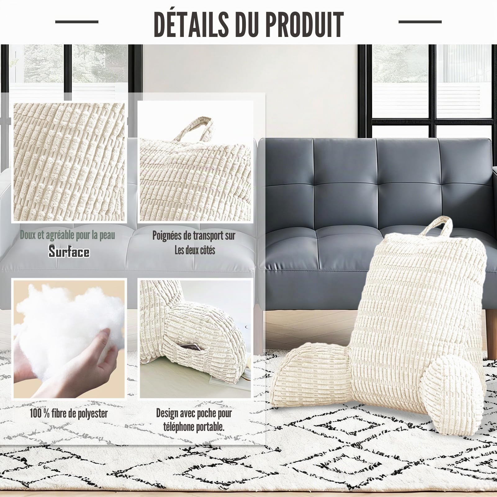Coussin de Lecture pour Lit et Canapé, Canapé Adulte avec Coussin de Dossier, Coussin d'Assise avec Accoudoir, Dossier, Convient pour Regarder la Télévision, Lire, Jouer au Téléphone(Blanc)