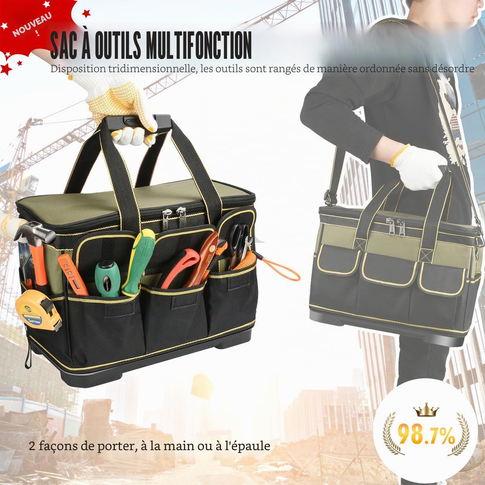 sac à outils étanche et pliable, Trousse de Transport pour Outils avec poche intérieure, Sac Porte-outils y compris bandoulière, 40 x 23 x 28 cm