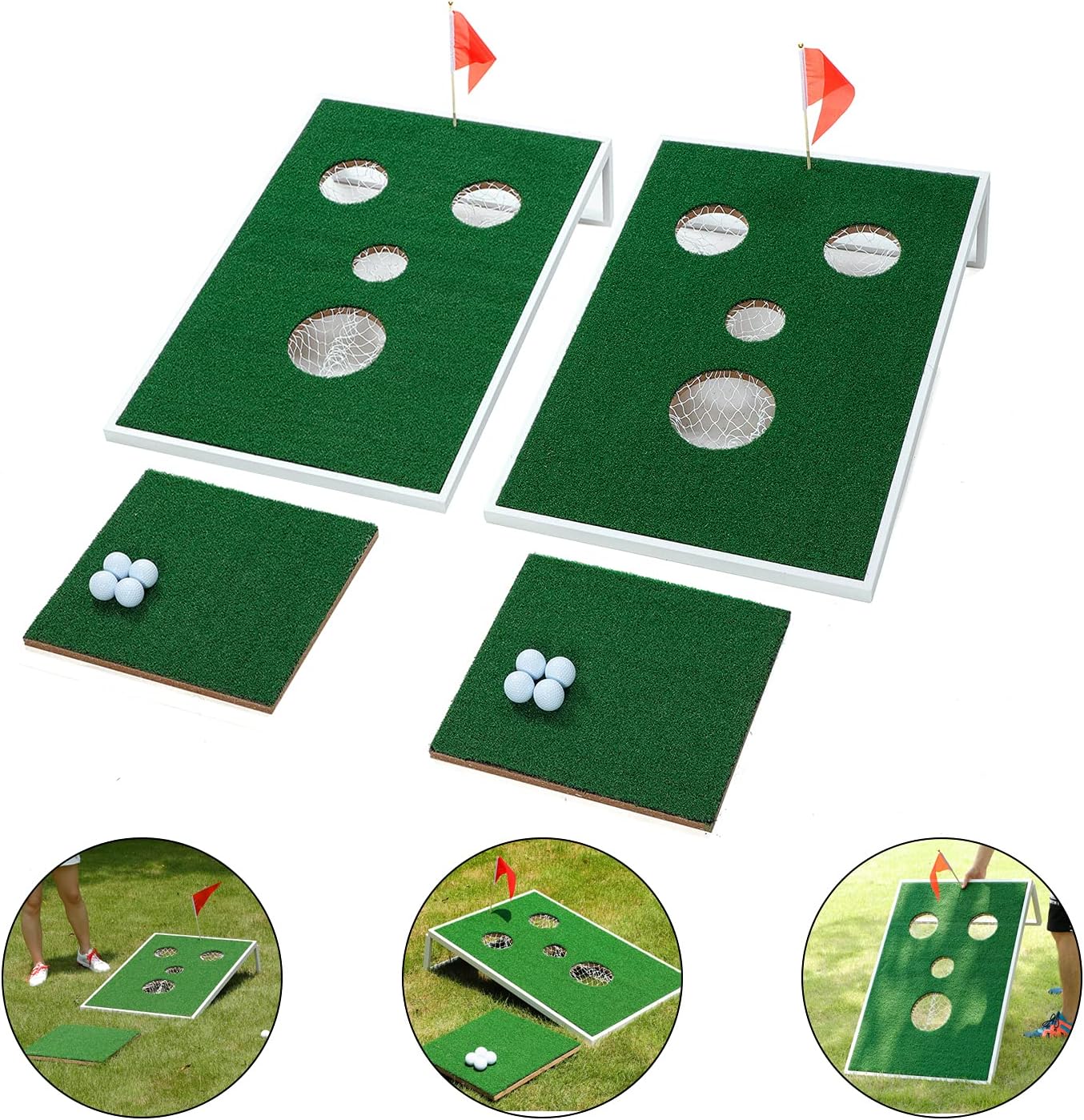 Golf Cornhole Game Set, Backyard Golf Chipping Pong Game Set, Indoor Practice Training Golf Ball Target Net - Fun Golf Chipping Gift for Any Age or Skill Golfer, White