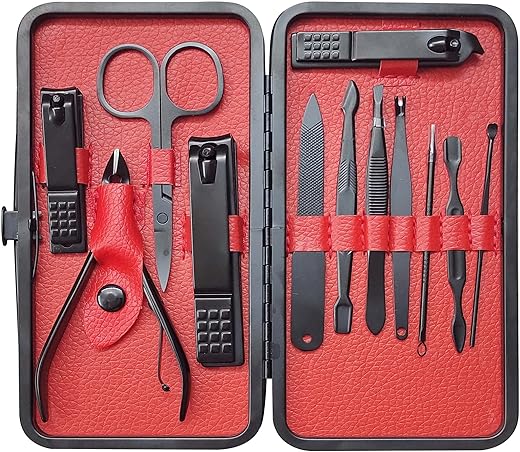 AGARO MS2112 Manicure Set,Nail Clippers, Stainless Steel Nail Scissors Grooming Kit with Peeling Knife, Nail Cleaning Knife, Acne needle, Blackhead Tool Leather Travel Case