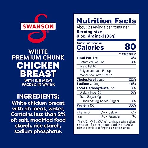 Miniatura 9 de Swanson - Pechuga de pollo enlatada con un 35% menos de sodio blanca de alta calidad en agua, pollo completamente cocido, lata de 12.5 onzas