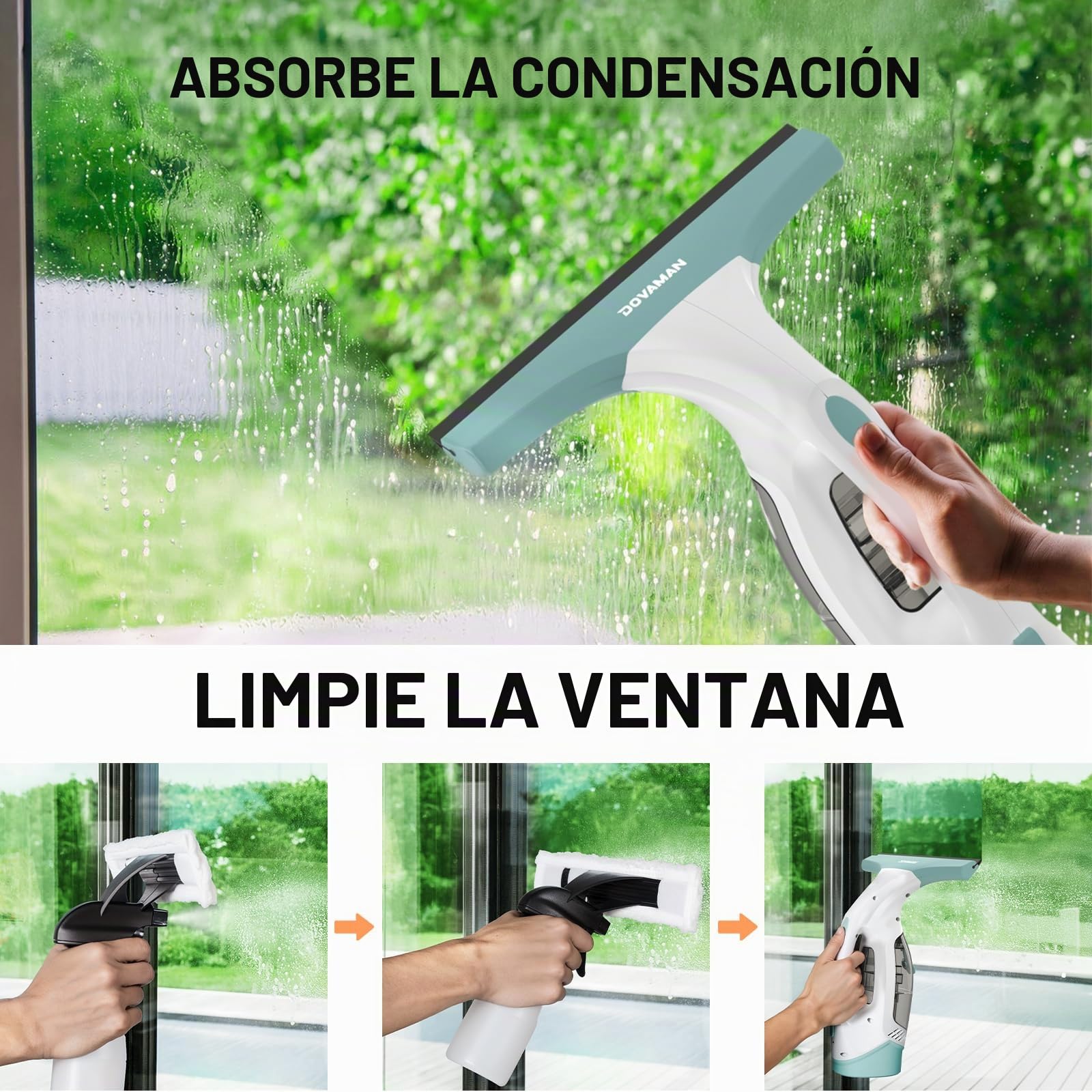 DOVAMAN WC01A Limpiador de Cristales, 30 min de Autonomía, Boquilla 280mm, Pulverizador con 2 Paños Microfibra, Depósit 150ml, 150m² por Carga, 700g Limpiacristales Eléctrico