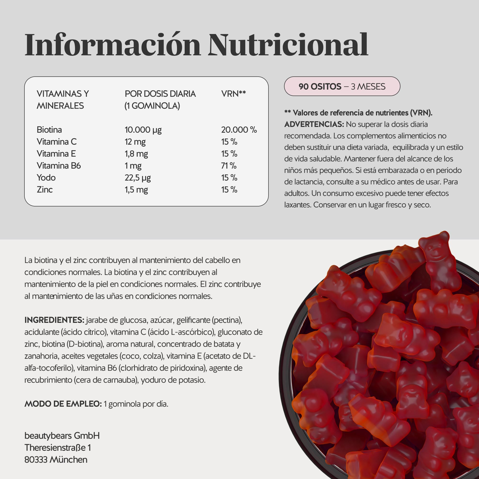 Gominolas Biotina Ah-mazing Hair Vitamin – Para el cabello, uñas y piel - 10.000 µg de Biotina, Zinc, Vitaminas B6, C, E e Yodo – 90 Unidades (3 meses), Vegana - Bears with Benefits