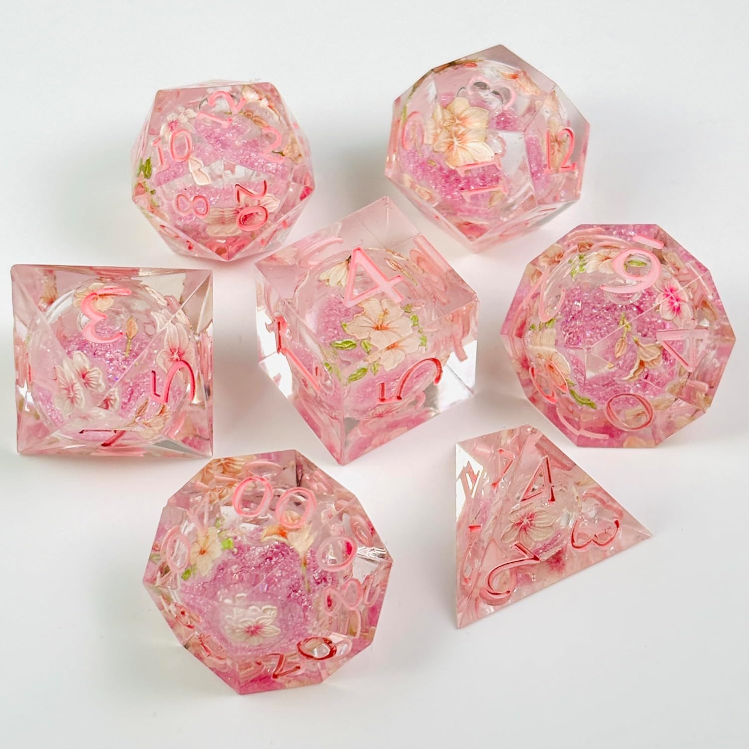 Peach Blossom Dice Liquid Core DND Dice Set, Sharp Edge D&D Dice Full Set, Dungeons and Dragons Polyhedral RPG DND Dice D6, D20, Gift for Gamer