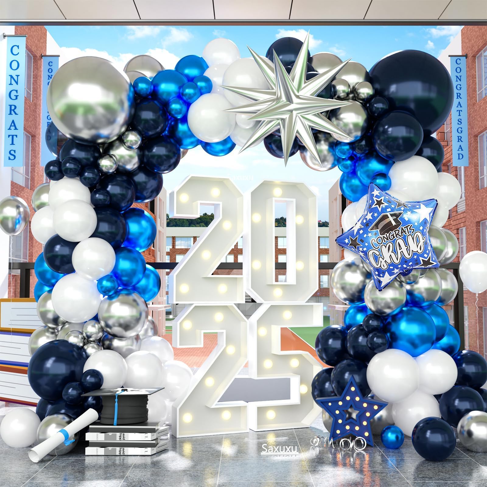 2026 Graduation Balloon Arch Kit, Blue Silver White Balloons with Congrats Grad Star Foil Balloons for Class of 2026 College High School Graduation