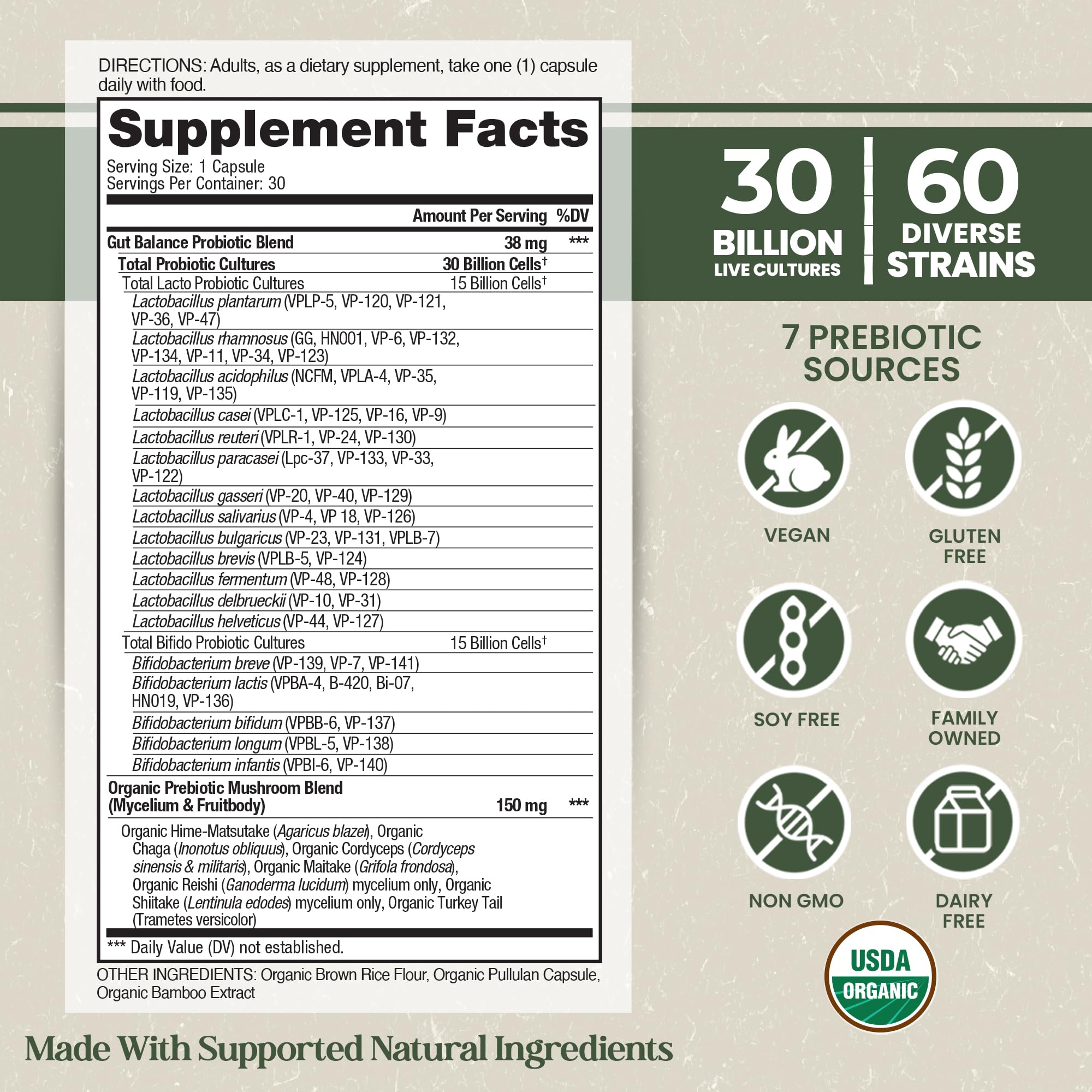 Vital Planet - Organic Flora Probiotics for Gut Health Balance, Shelf Stable Probiotic 30 Billion CFU, 60 Diverse Strains, Prebiotic Organic Mushroom Blend for Immune and Digestive Support 30 Capsules — Amazon image 2