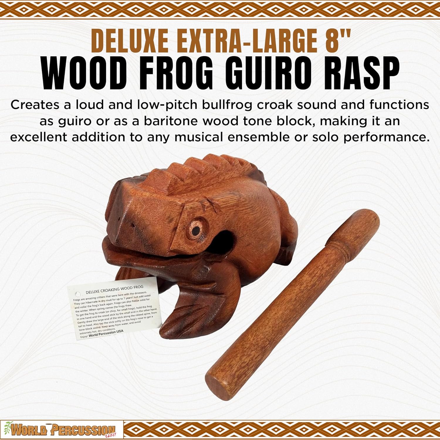 Deluxe Extra-Large 8" Wood Frog Guiro Rasp - Percussion Musical Instrument Tone Block - Wooden Instrument with Stick, Noise Maker by World Percussion USA