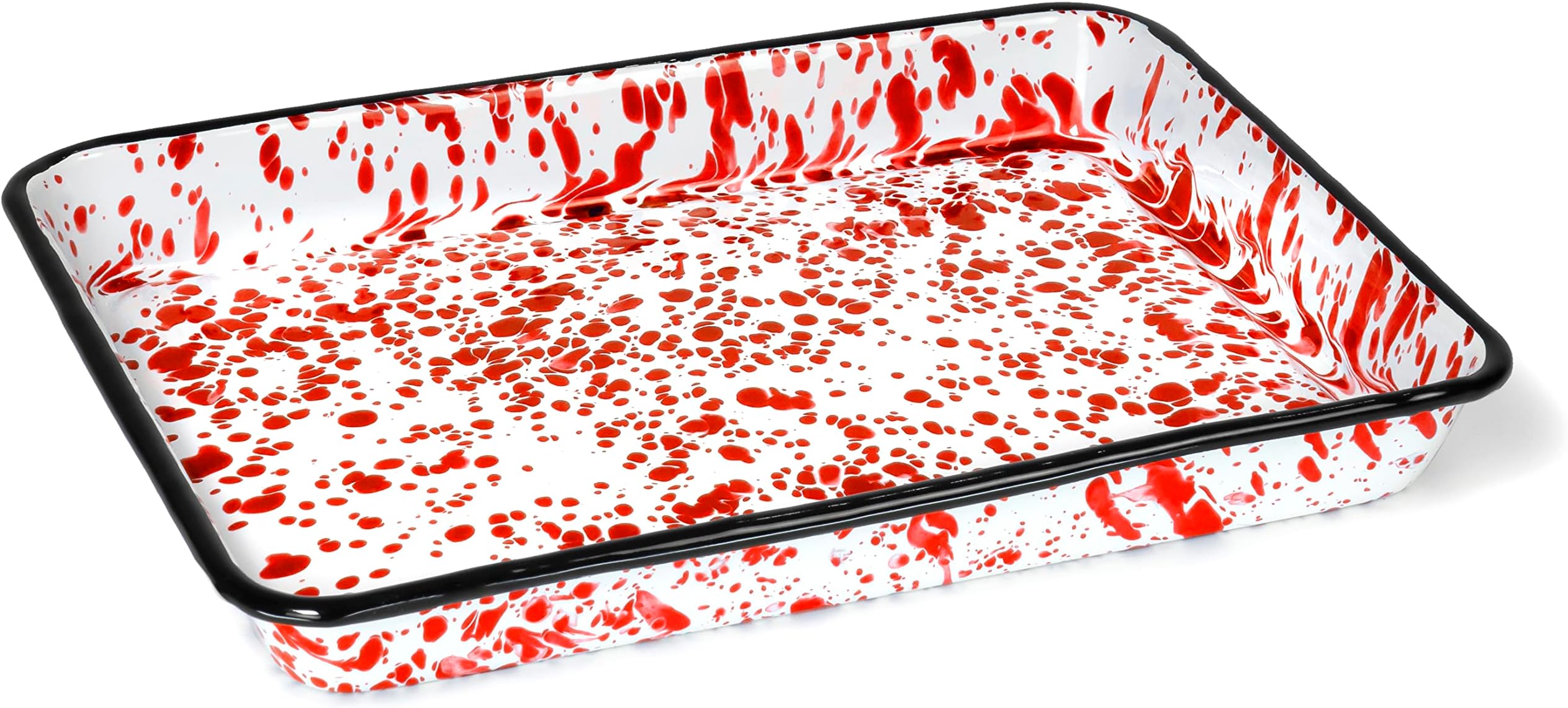 Red Co. 11" x 9" Enamelware Metal Classic 2 Quart Rectangular Serving Tray, Red Marble/Black Rim - Splatter Design