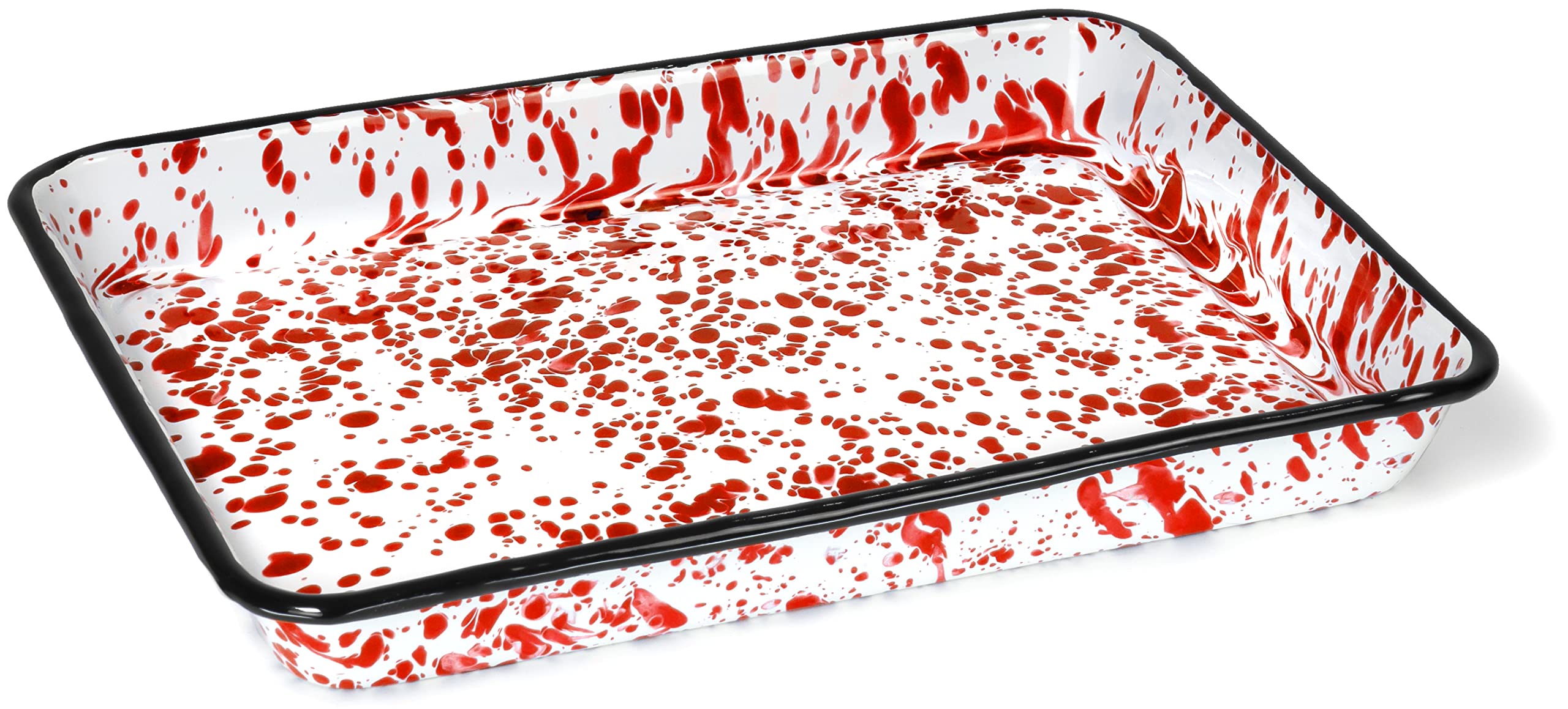 Red Co. 11" x 9" Enamelware Metal Classic 2 Quart Rectangular Serving Tray, Red Marble/Black Rim - Splatter Design