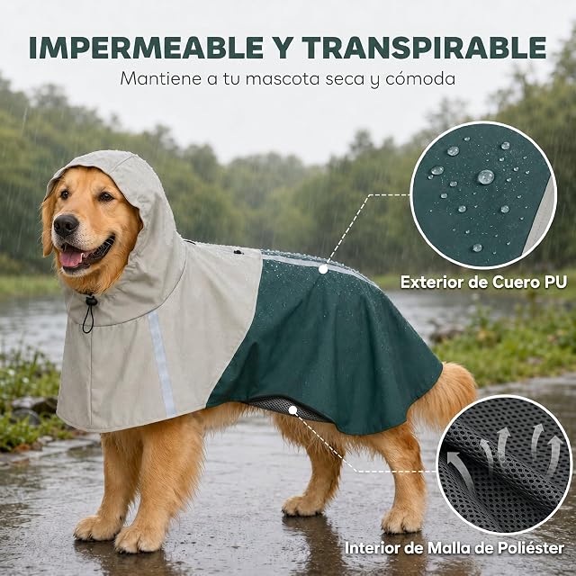 Foto 3 de 8 de PawHut Impermeable para Perros con Capucha Transpirable 20-30 kg L Verde