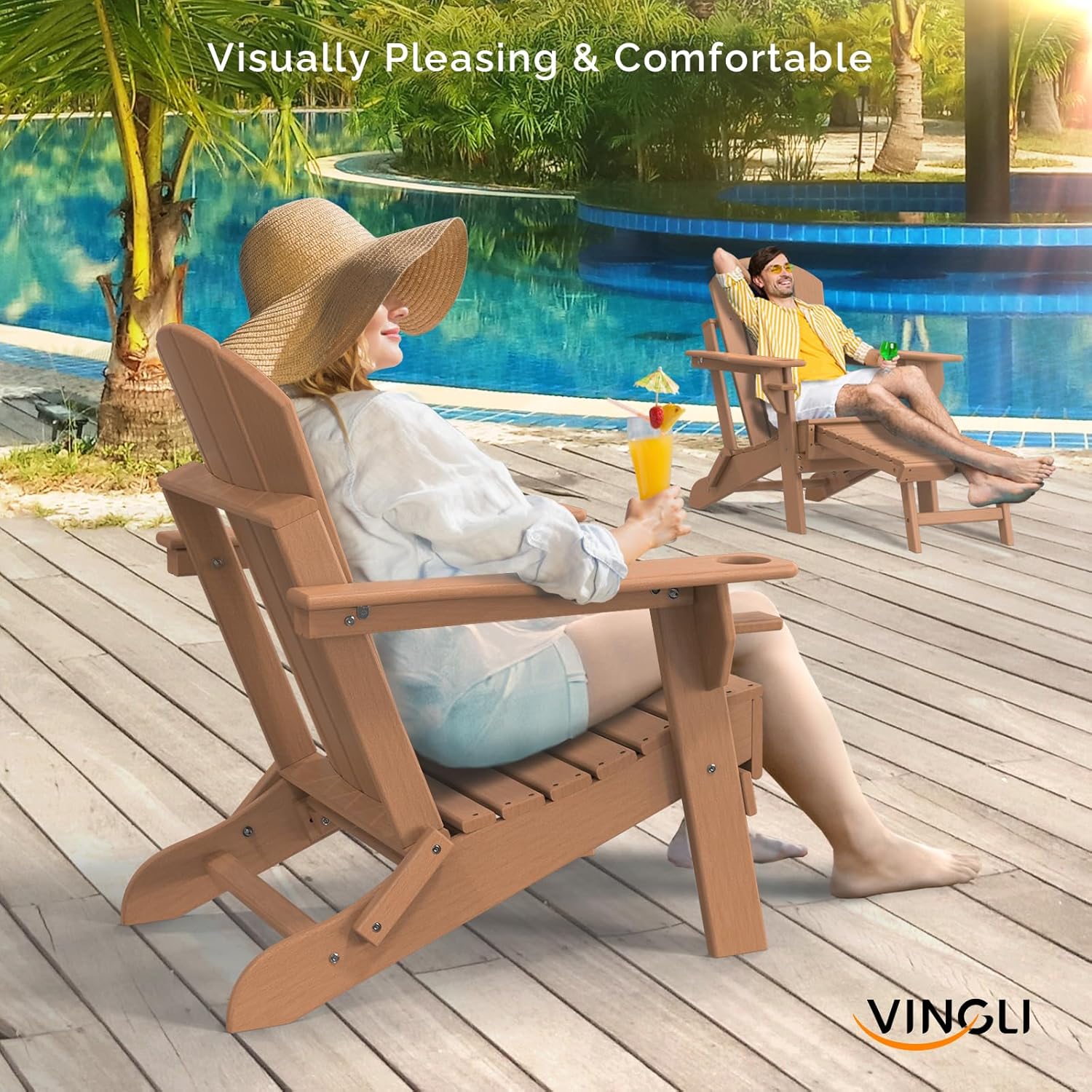VINGLI Folding Adirondack Chair Set of 2 with Ottoman, Waterproof Plastic HDPE Firepit Chair for Outside with Hidden Footrests, Foldable Ergonomics Seating for Patio Porch Yard Garden(Teak)