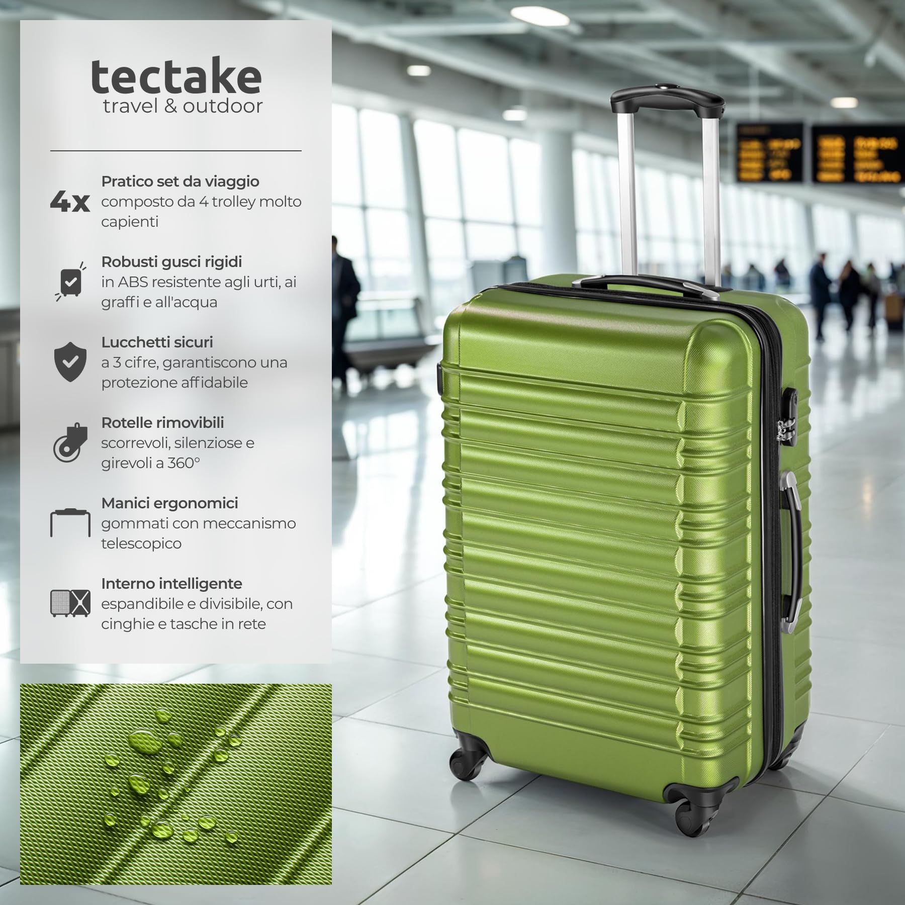 tectake® Set Valigie Trolley Rigide, 4 Valigie con Scocca in Plastica ABS, Rotelle Girevoli a 360°, Maniglia Telescopica in Alluminio, Serratura di Sicurezza a Combinazione - Verde